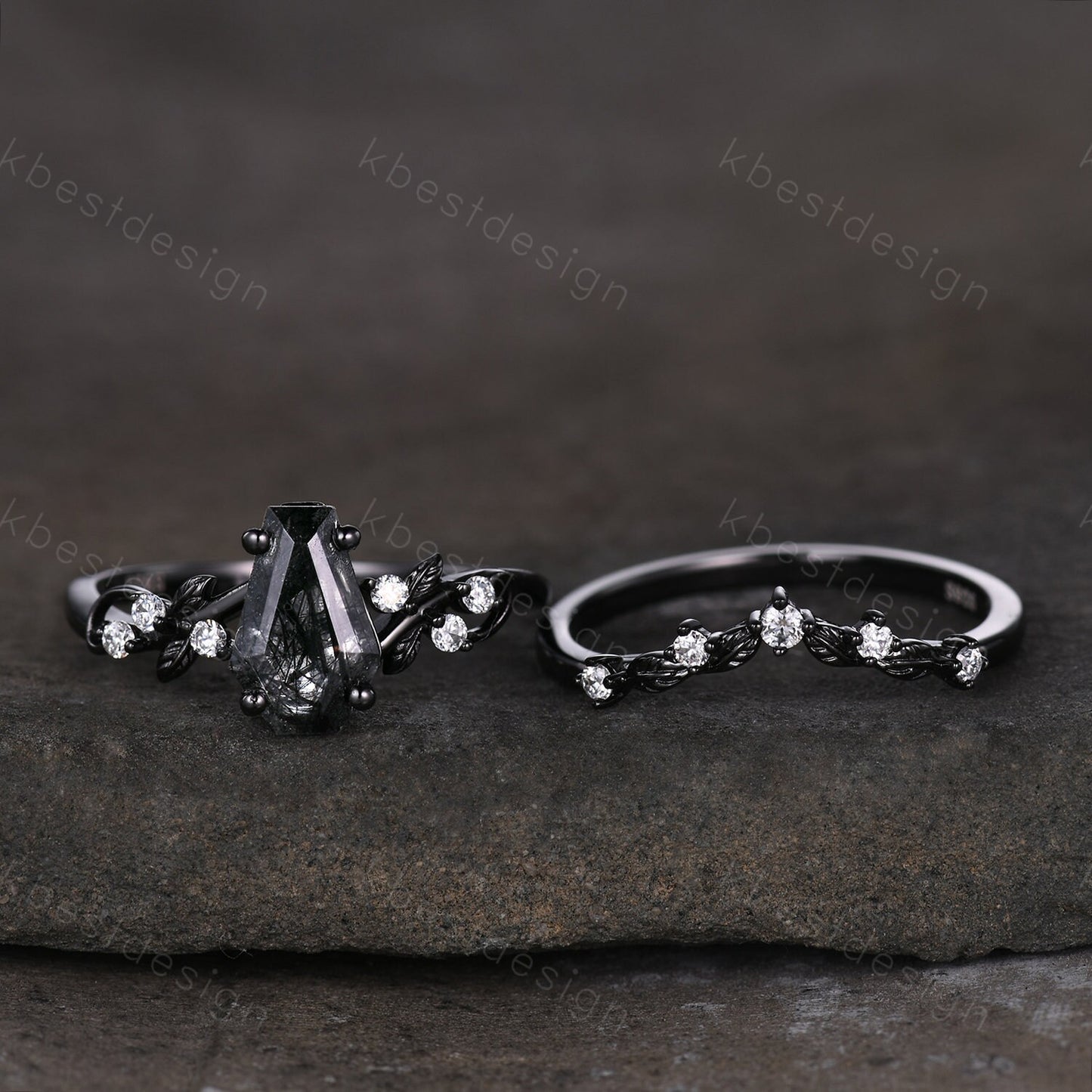 Gothic Black Gold Black Rutilated Quartz Engagement Ring Art Deco Branch Design Leaf Wedding Ring Coffin cut Ring Unique Moissanite Ring Set