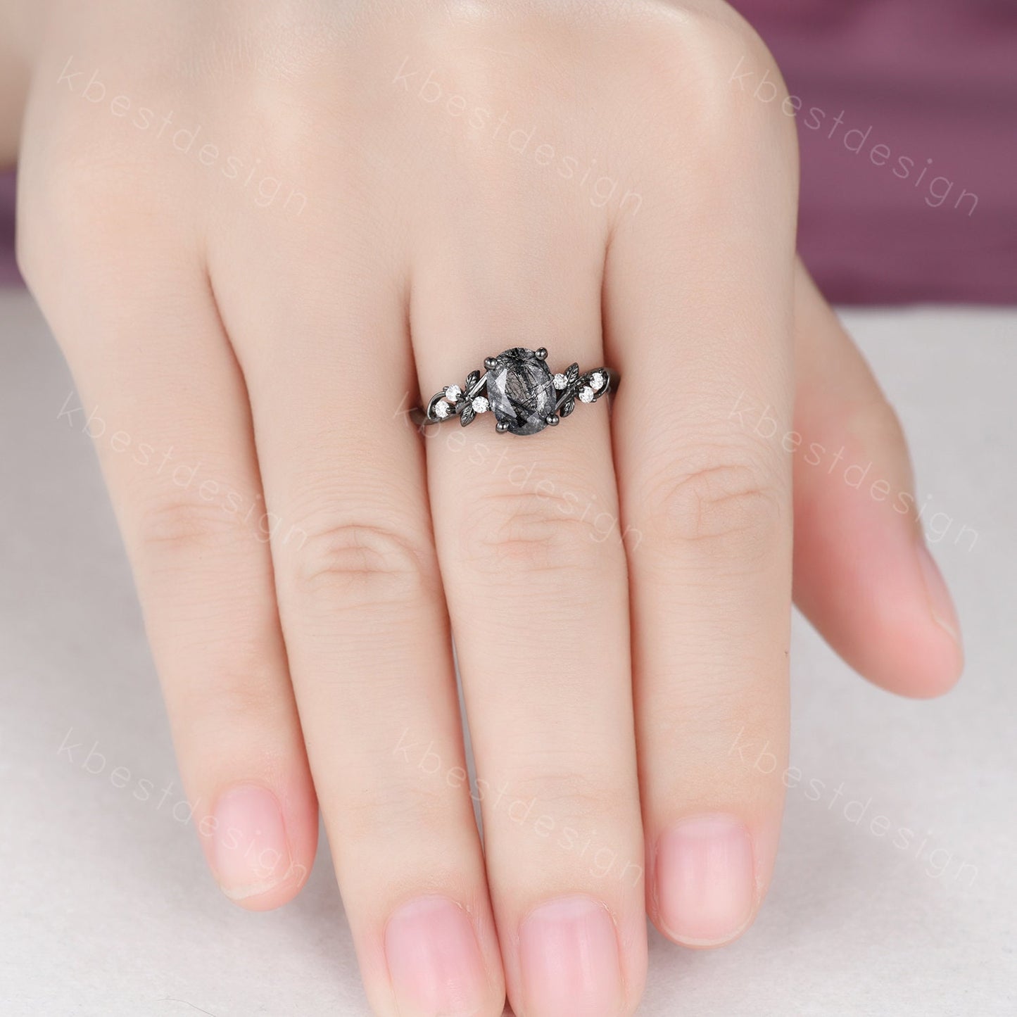 Vintage Oval Black Rutilated Quartz Engagement Ring Set,Black Gold,Branch Leaf Stacking Band,Women Bridal Set,Unique Twig Moissanite Rings