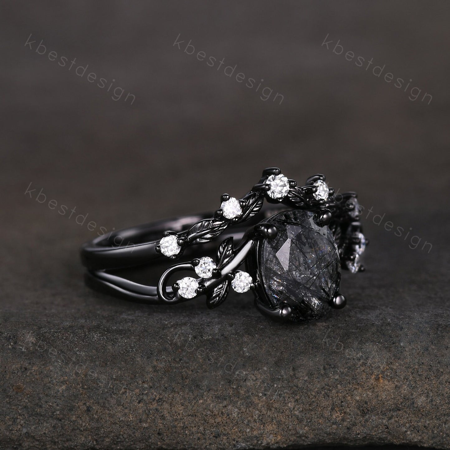 Vintage Oval Black Rutilated Quartz Engagement Ring Set,Black Gold,Branch Leaf Stacking Band,Women Bridal Set,Unique Twig Moissanite Rings