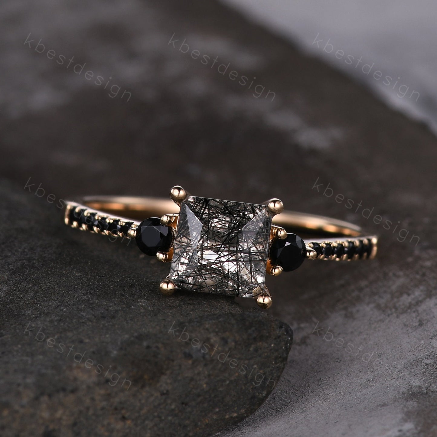 Princess Cut Natural Black Rutilated Quartz Engagement Ring Unique Black Spinel Ring Solid 14K Yellow Ring Three stone ring Promise Ring