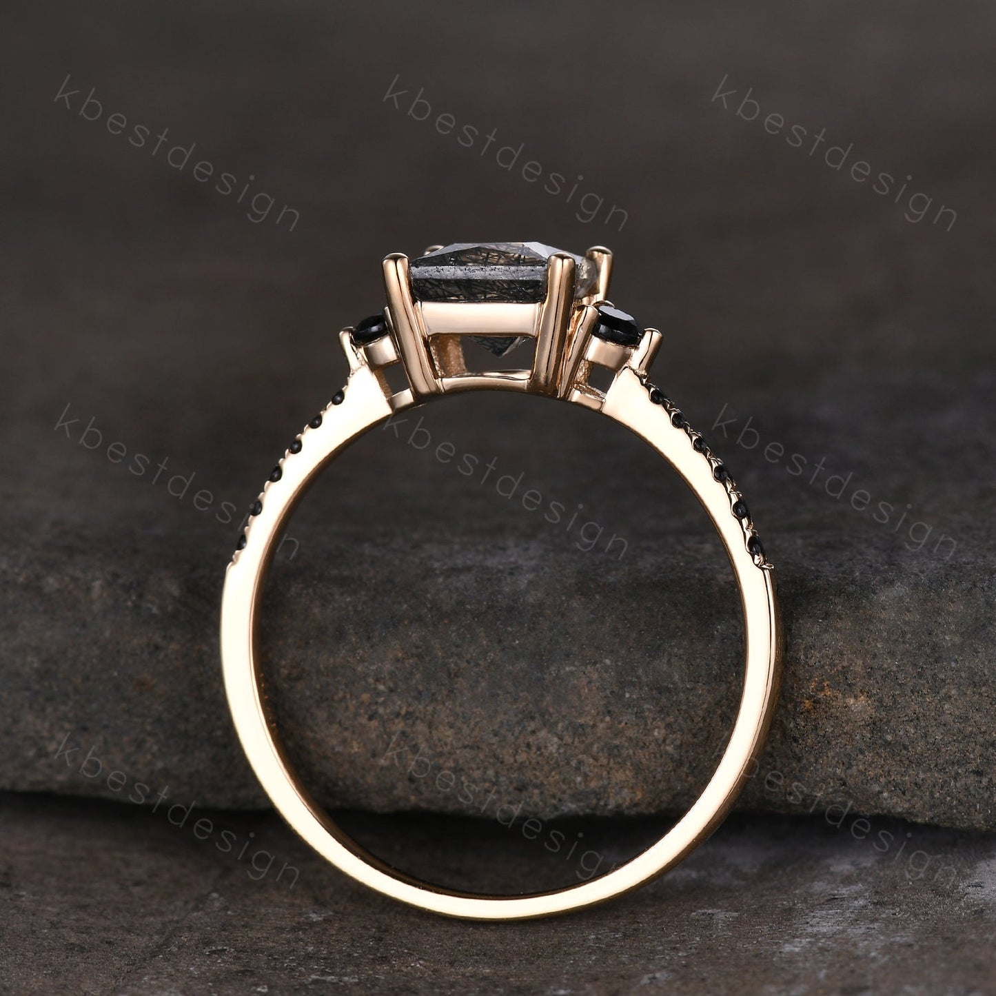 Princess Cut Natural Black Rutilated Quartz Engagement Ring Unique Black Spinel Ring Solid 14K Yellow Ring Three stone ring Promise Ring