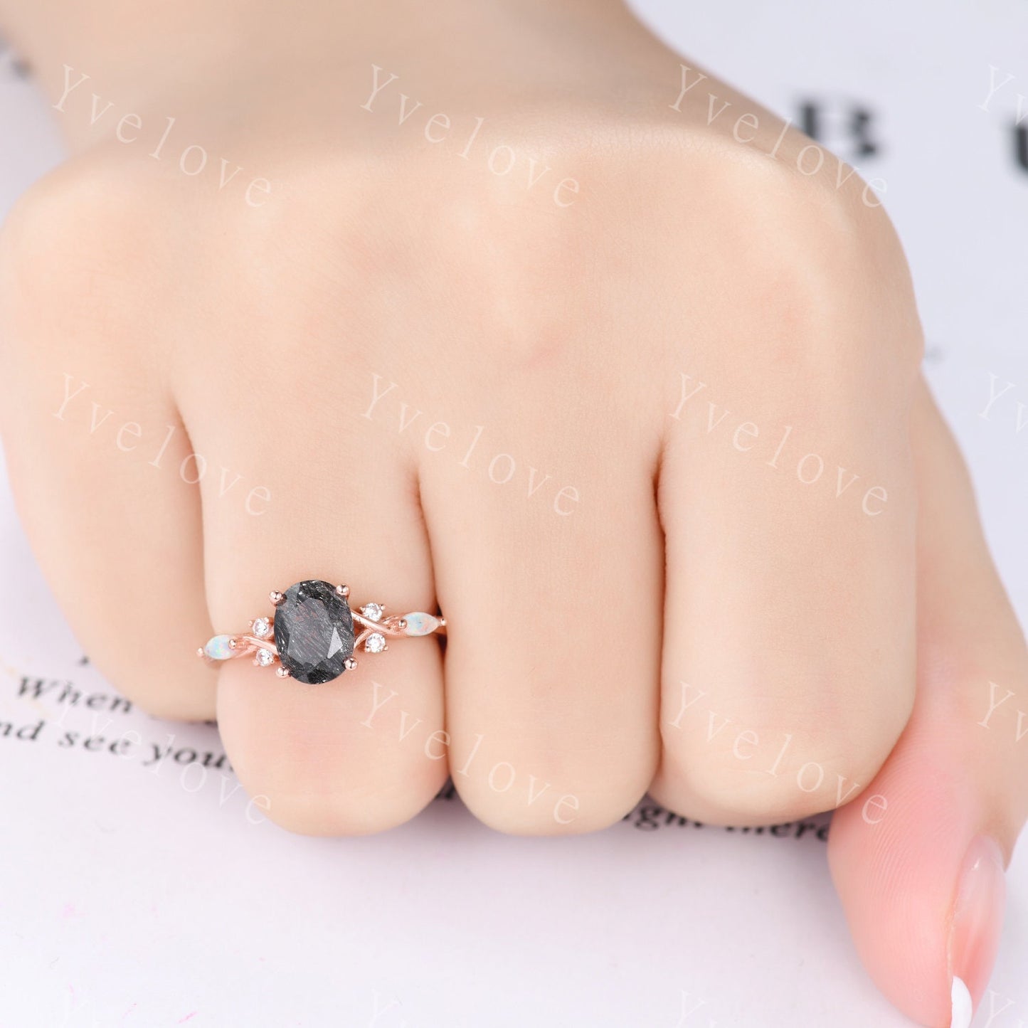 Vintage oval black rutilated quartz engagement ring marquise opal diamond unique floral bridal set art deco anniversary gift personalized