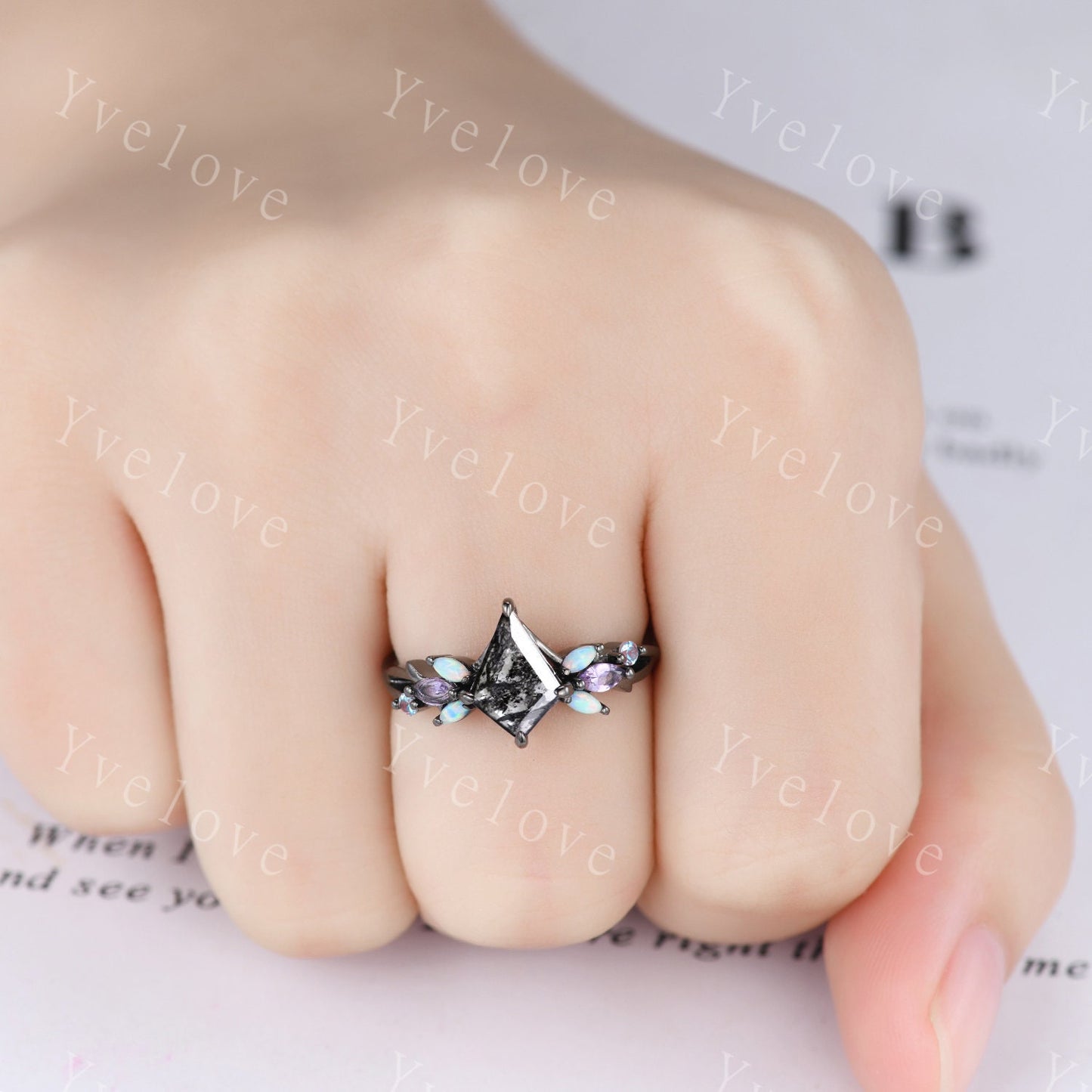 Vintage Kite Salt and Pepper Diamond Engagement Ring Set,Black Gold,Vines Amethyst Opal Ring,Women Bridal Set,Unique Twig Promise Ring Gift