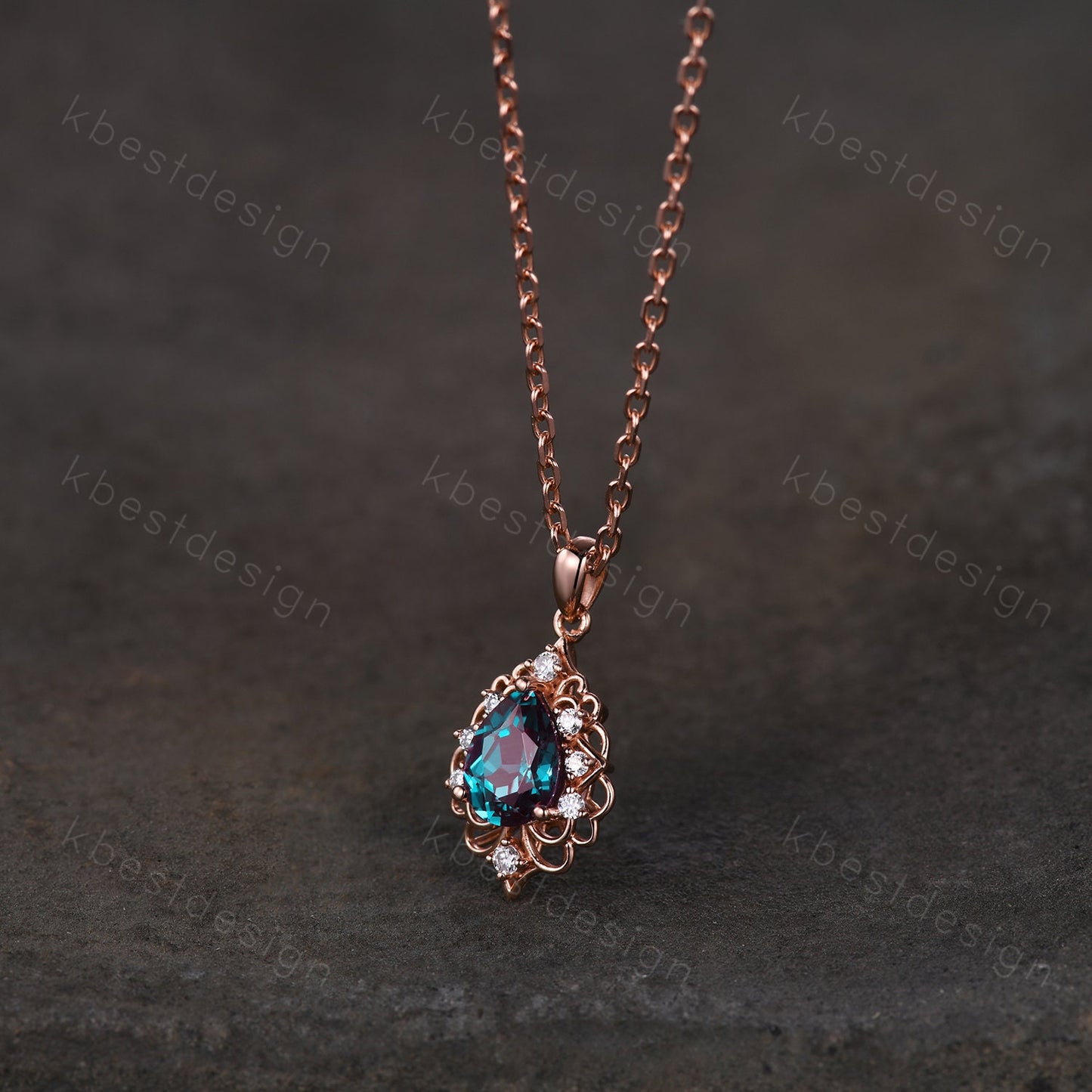Vintage 1.5CT Alexandrite Necklace, Rose Gold Pear cut Alexandrite Pendant, June Birthstone Jewelry, Unique Art Deco Bridal Promise Gift