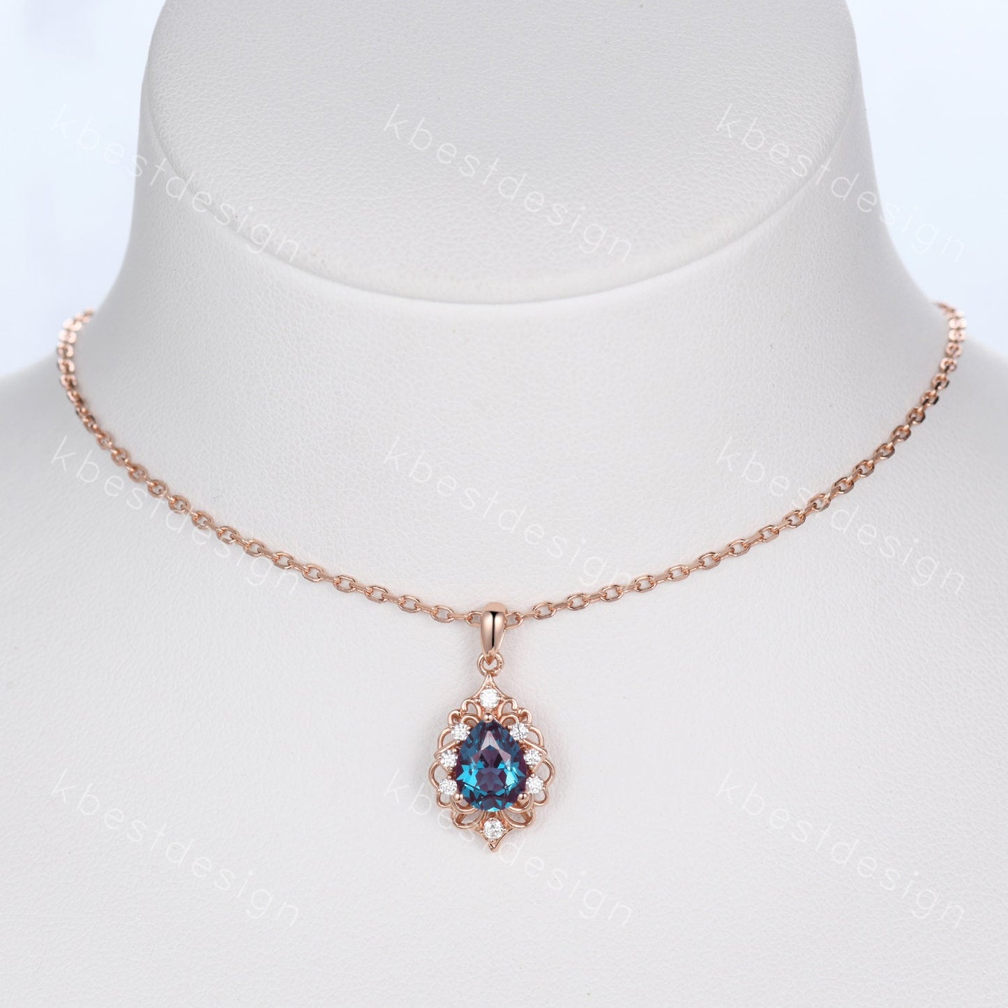 Vintage 1.5CT Alexandrite Necklace, Rose Gold Pear cut Alexandrite Pendant, June Birthstone Jewelry, Unique Art Deco Bridal Promise Gift
