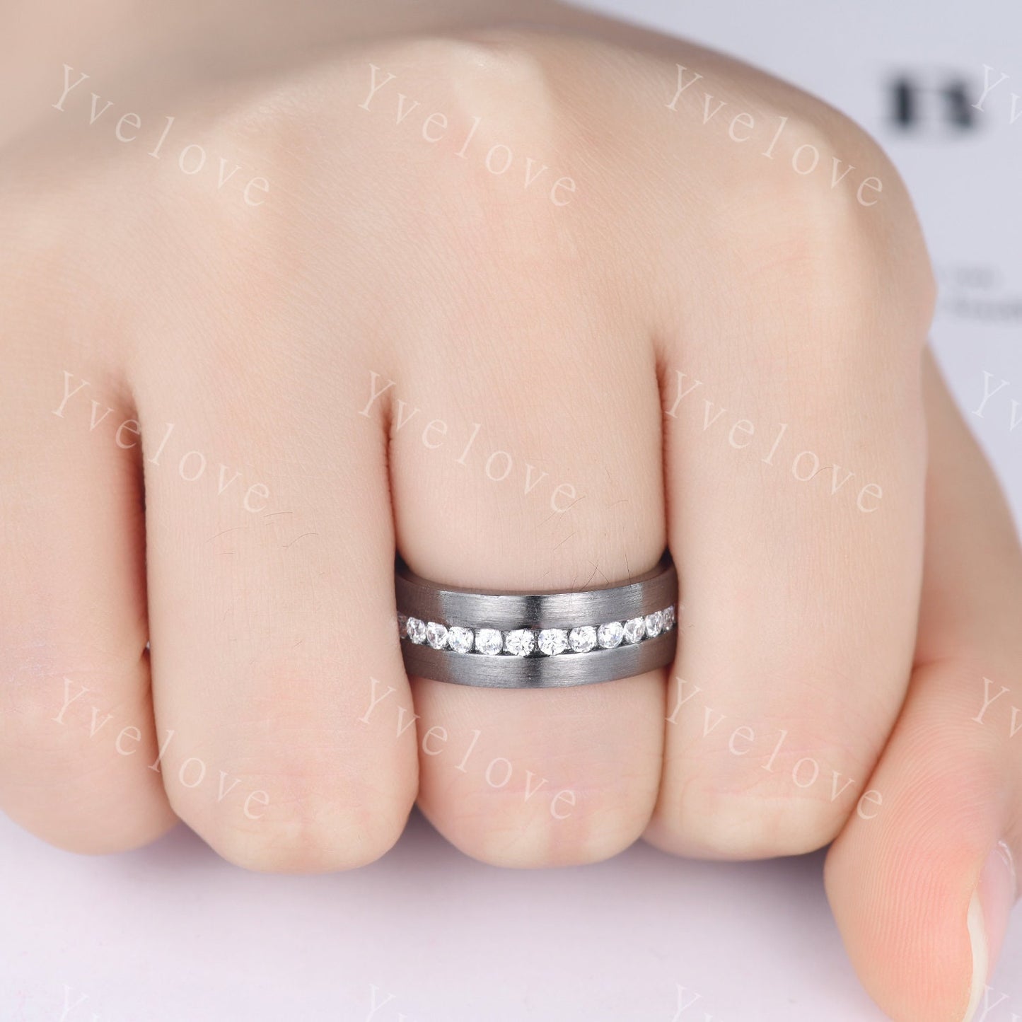 Mens Diamond Wedding Ring Moissanite Black Gold Ring Brushed Band 3/4 Eternity Band Mens Stacking Matching Band Retro Vintage Ring For Him