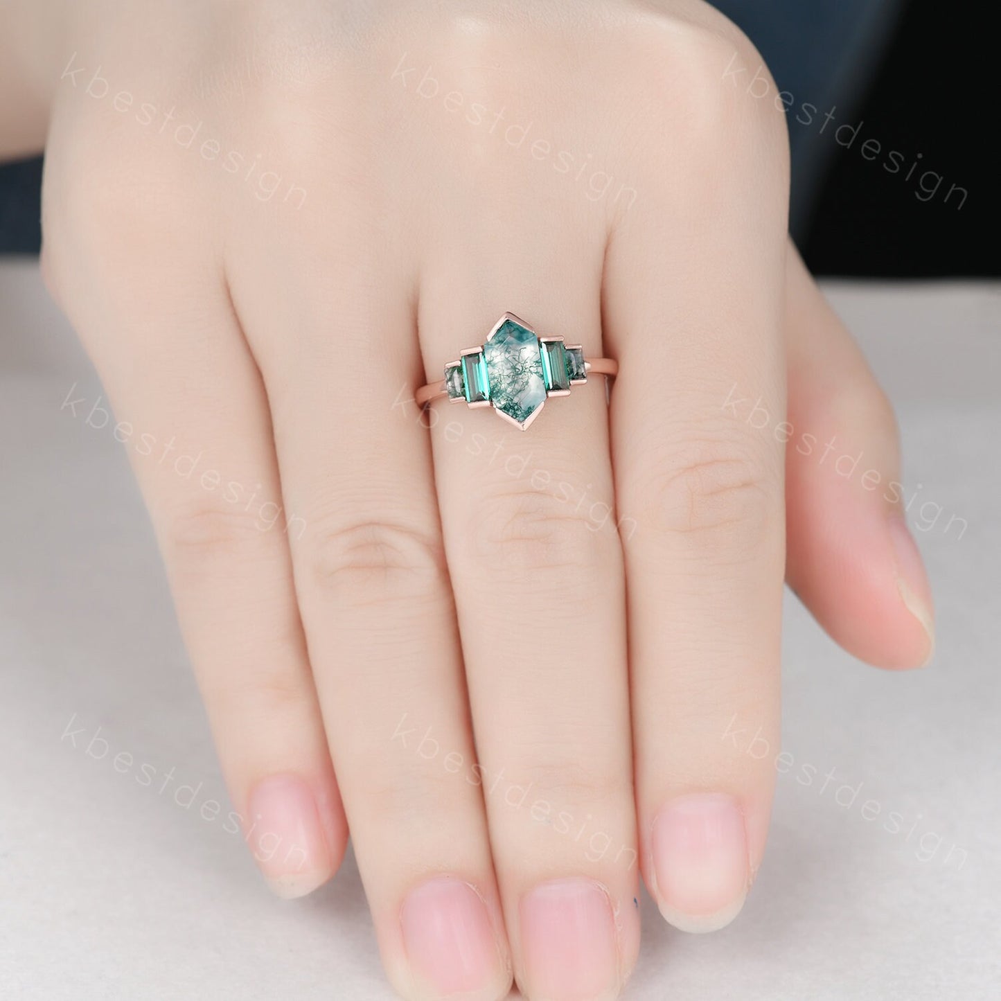 Hexagon cut Moss Agate ring Unique Rose gold engagement ring Baguette Emerald ring Bezel set ring Vintage Bridal wedding anniversary ring