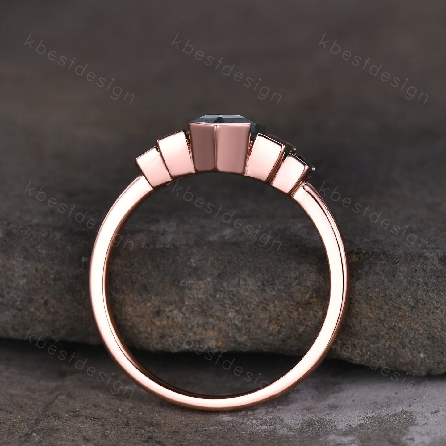Hexagon cut Moss Agate ring Unique Rose gold engagement ring Baguette Emerald ring Bezel set ring Vintage Bridal wedding anniversary ring