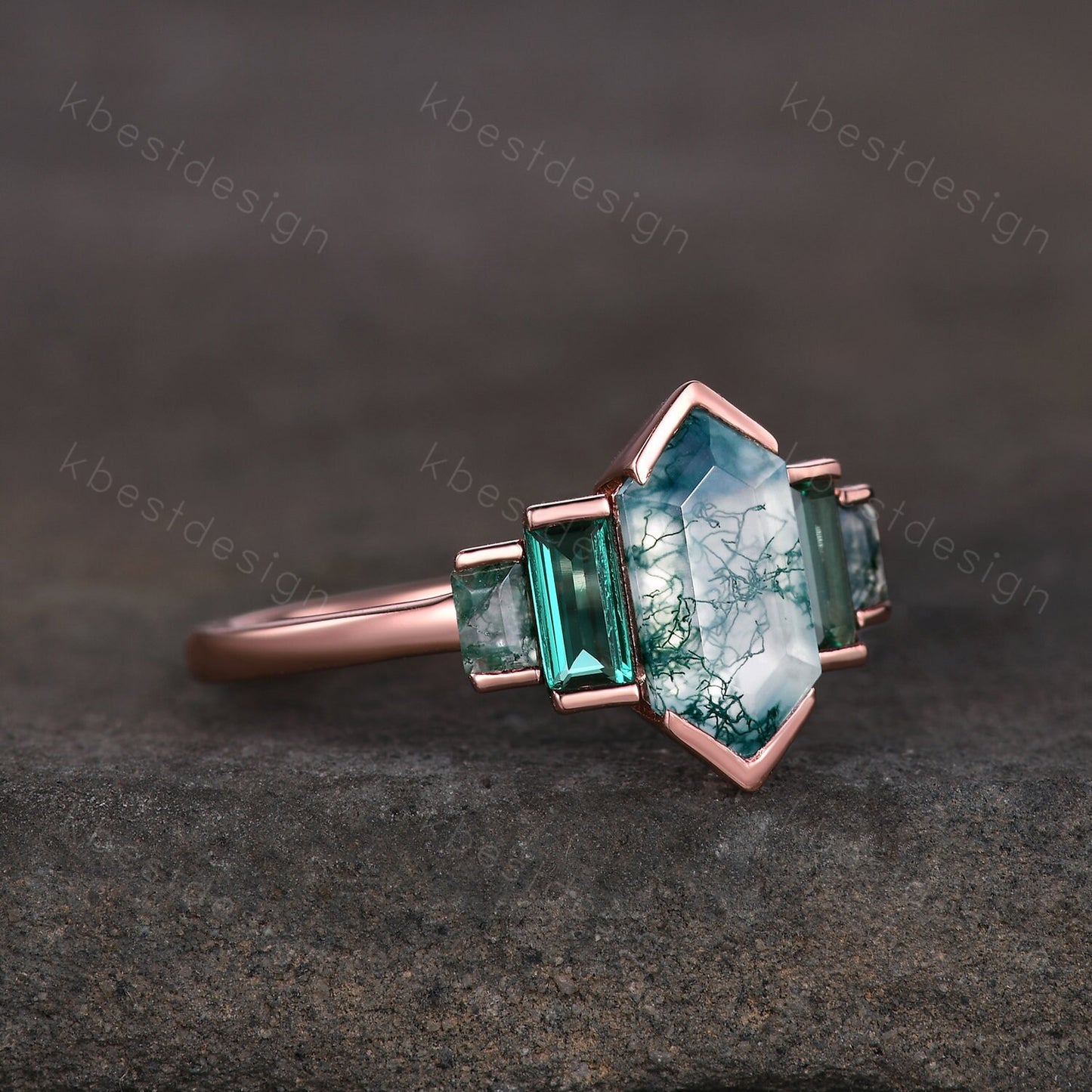 Hexagon cut Moss Agate ring Unique Rose gold engagement ring Baguette Emerald ring Bezel set ring Vintage Bridal wedding anniversary ring