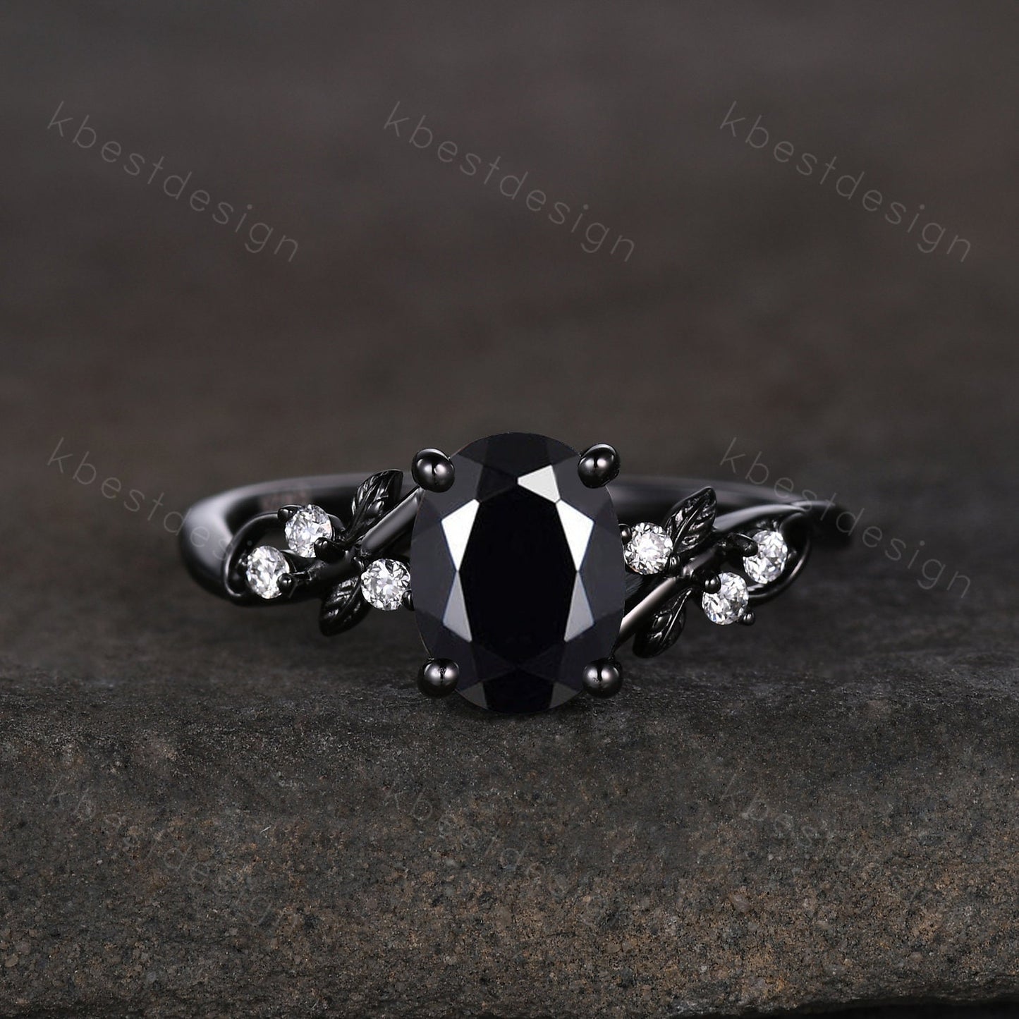 Gothic Black Gold Black Onyx Engagement Ring Set Twig Leaf Nature Inspired Rings Unique Rhodium Black Witchy Ring Oval Cut Bridal Ring Set
