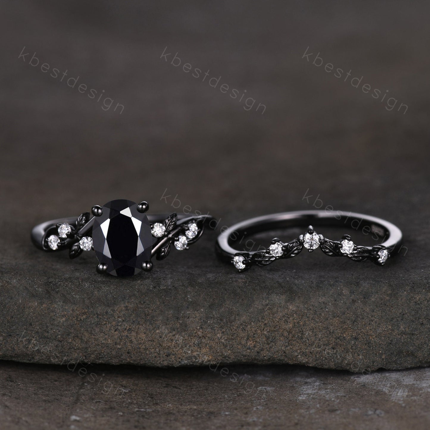 Gothic Black Gold Black Onyx Engagement Ring Set Twig Leaf Nature Inspired Rings Unique Rhodium Black Witchy Ring Oval Cut Bridal Ring Set