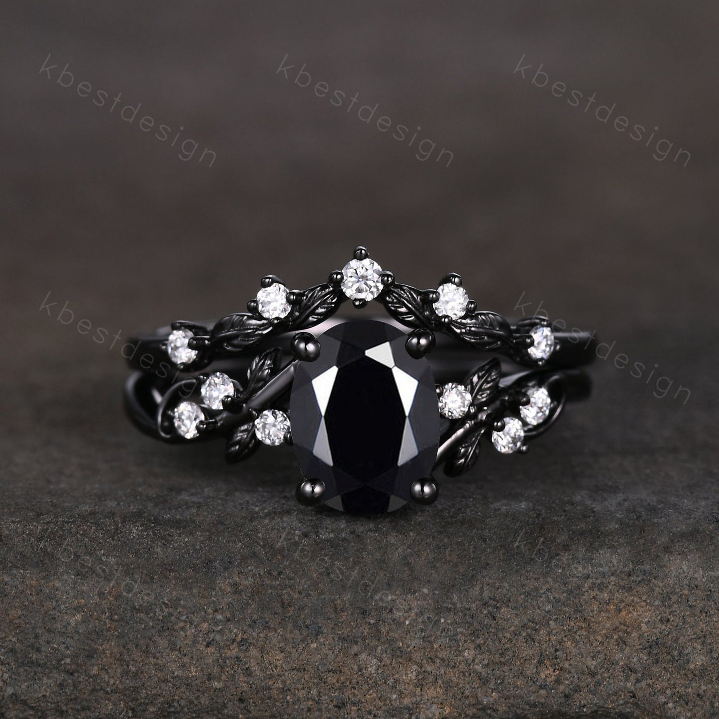 Gothic Black Gold Black Onyx Engagement Ring Set Twig Leaf Nature Inspired Rings Unique Rhodium Black Witchy Ring Oval Cut Bridal Ring Set