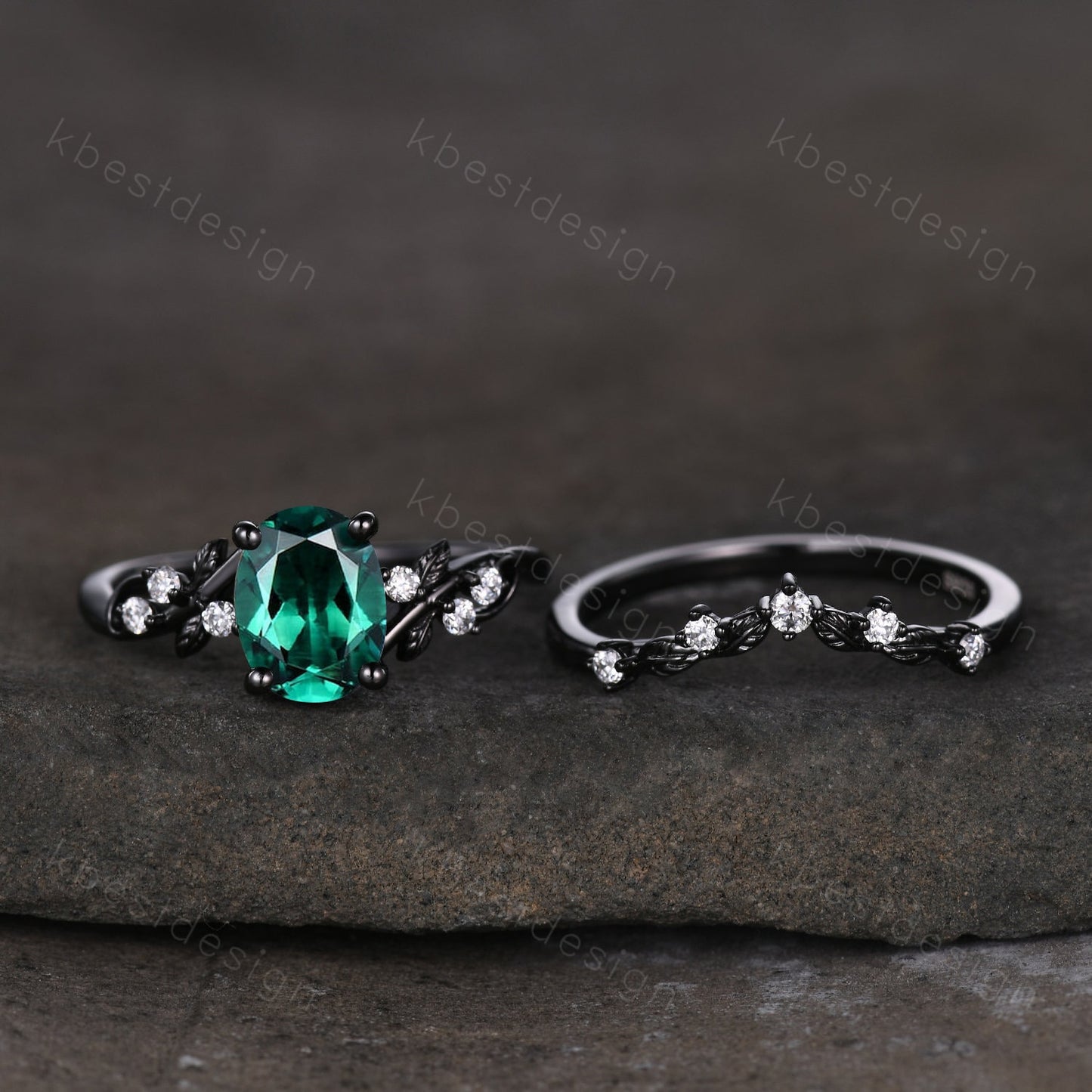 Oval cut green emerald engagement ring set black gold twig leaf engagement ring nature inspired wedding ring art deco moissanite ring set