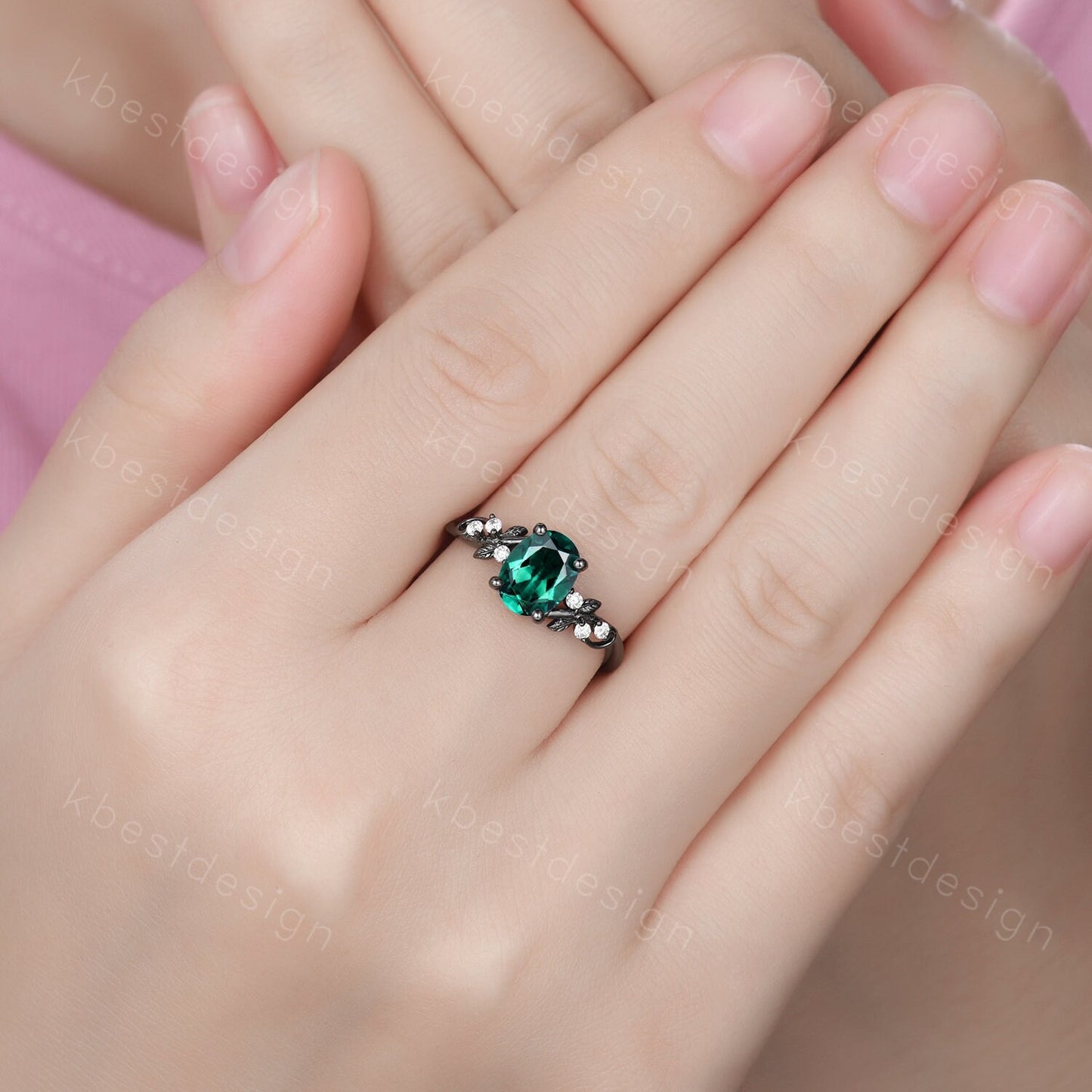Oval cut green emerald engagement ring set black gold twig leaf engagement ring nature inspired wedding ring art deco moissanite ring set