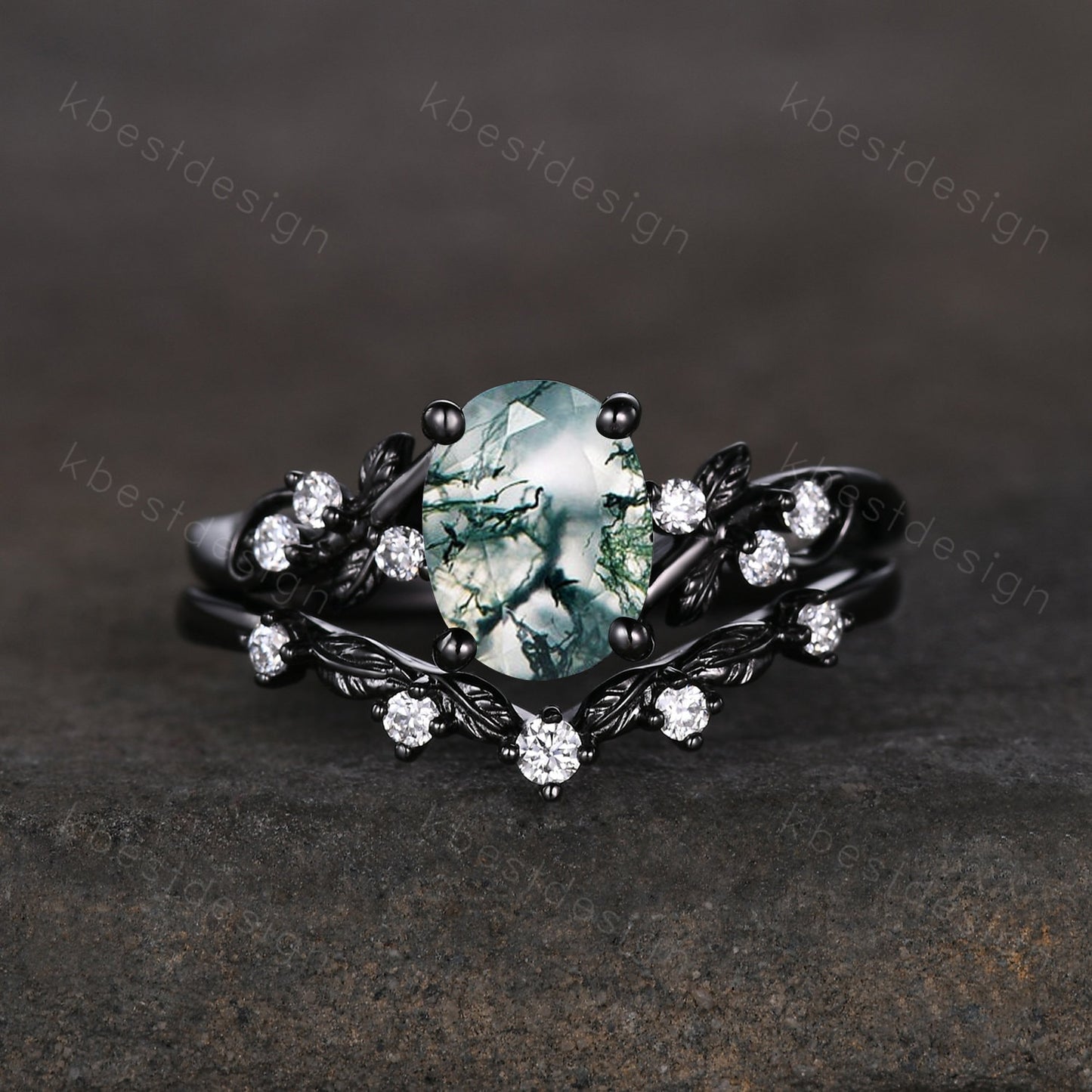 Vintage oval moss agate engagement ring set silver ring twig leaf moissanite ring nature branch ring unique art deco bridal wedding ring set
