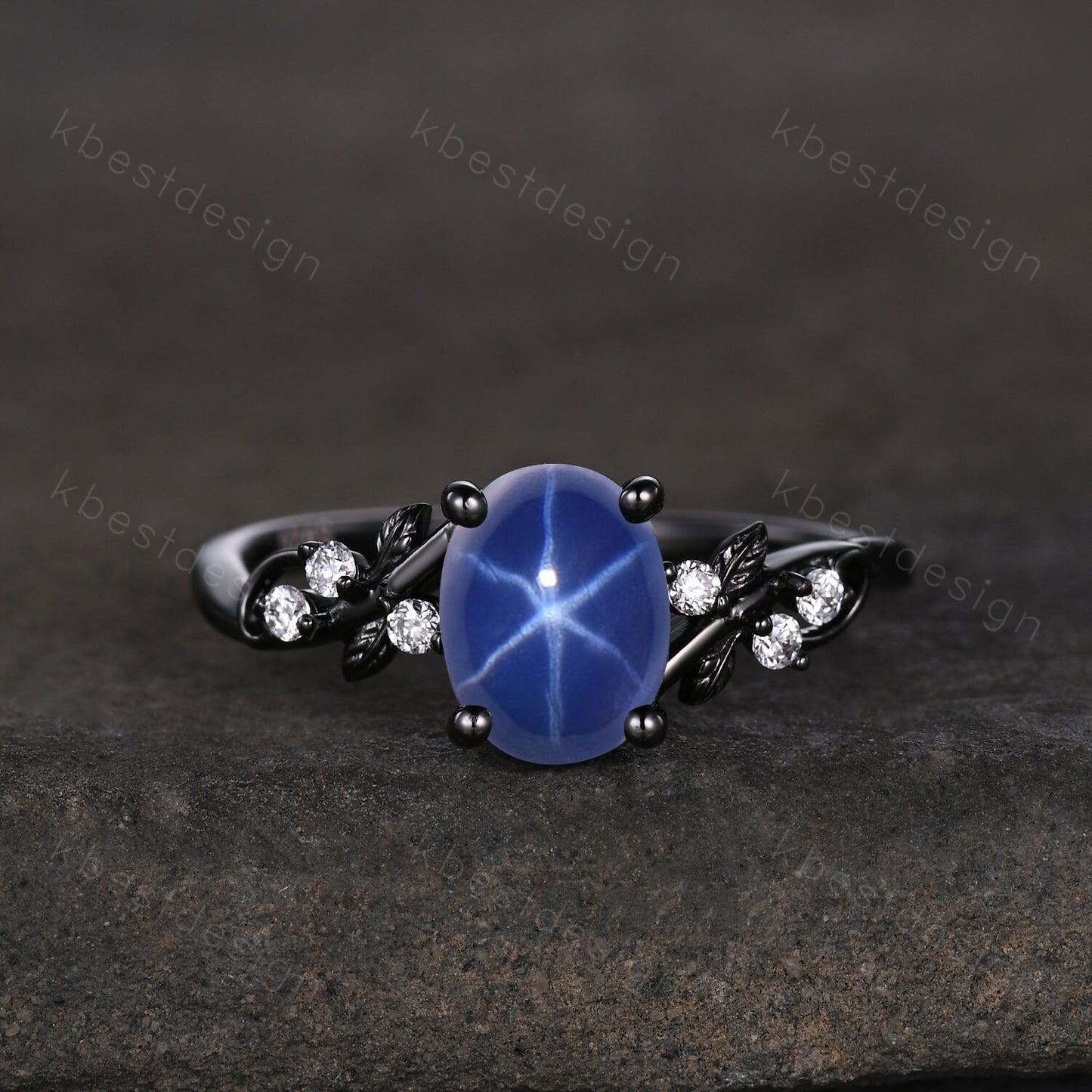Star Sapphire Engagement Ring Set Oval Cut Galaxy Crystal Engagement Ring Black Gold Leaf Moissanite Ring Unique Promise Ring September Ring