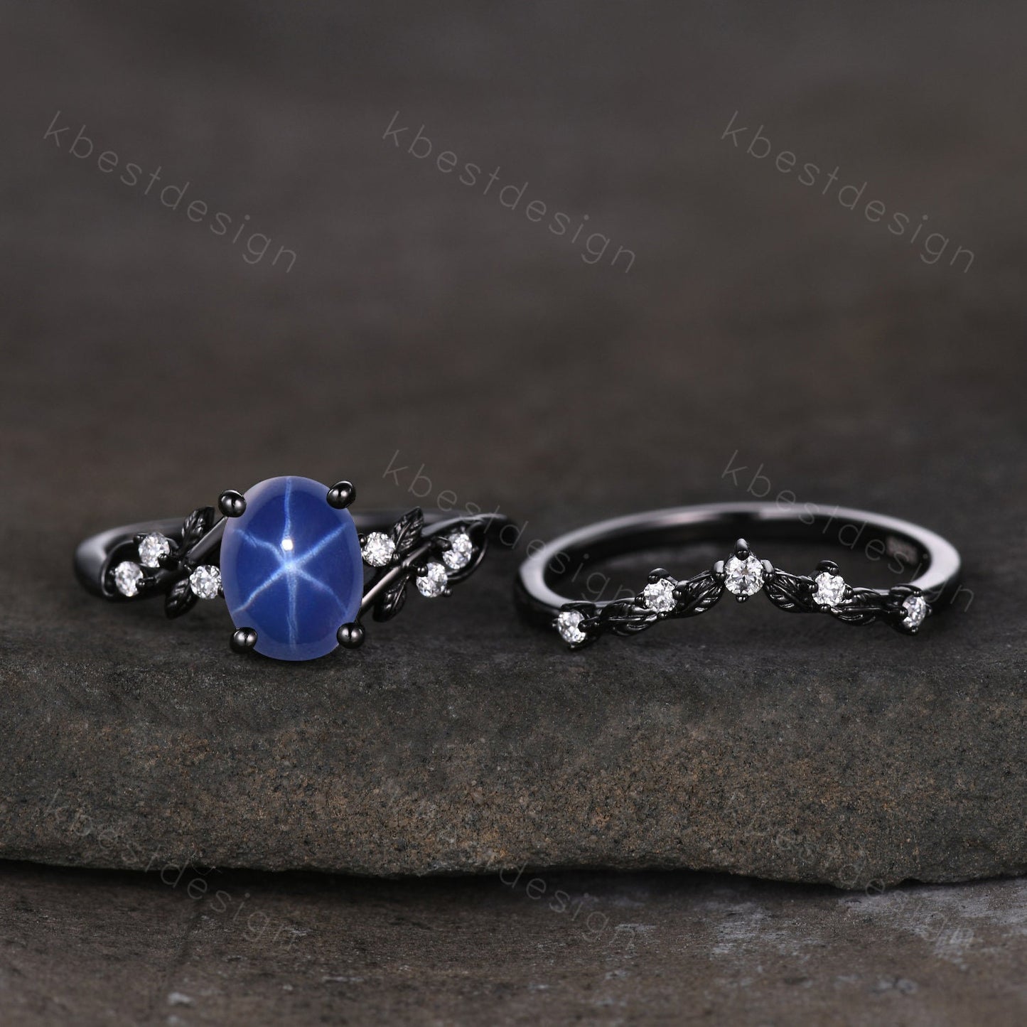 Star Sapphire Engagement Ring Set Oval Cut Galaxy Crystal Engagement Ring Black Gold Leaf Moissanite Ring Unique Promise Ring September Ring