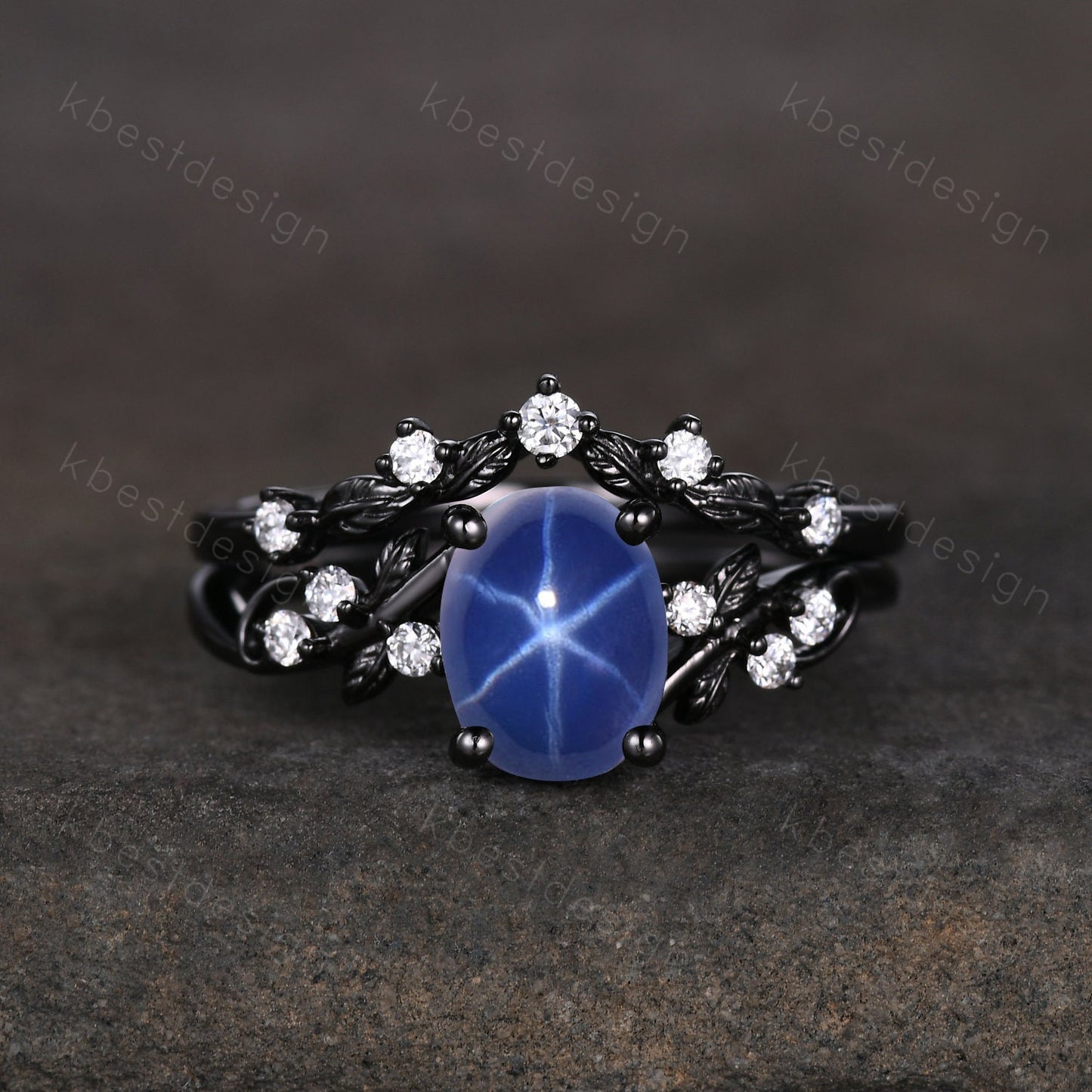 Star Sapphire Engagement Ring Set Oval Cut Galaxy Crystal Engagement Ring Black Gold Leaf Moissanite Ring Unique Promise Ring September Ring