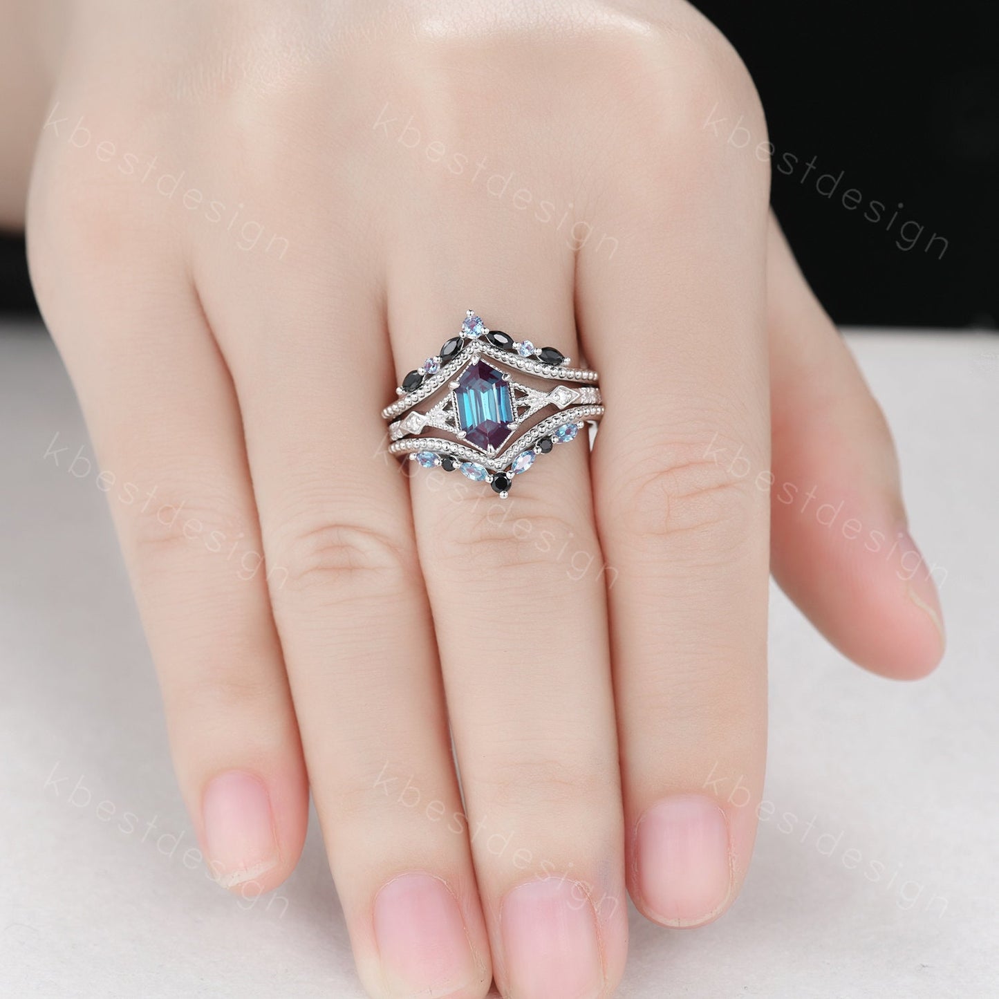 Vintage Alexandrite engagement ring Set Unique art deco milgrain engagement ring Double curved Black Spinel wedding band Promise Ring set