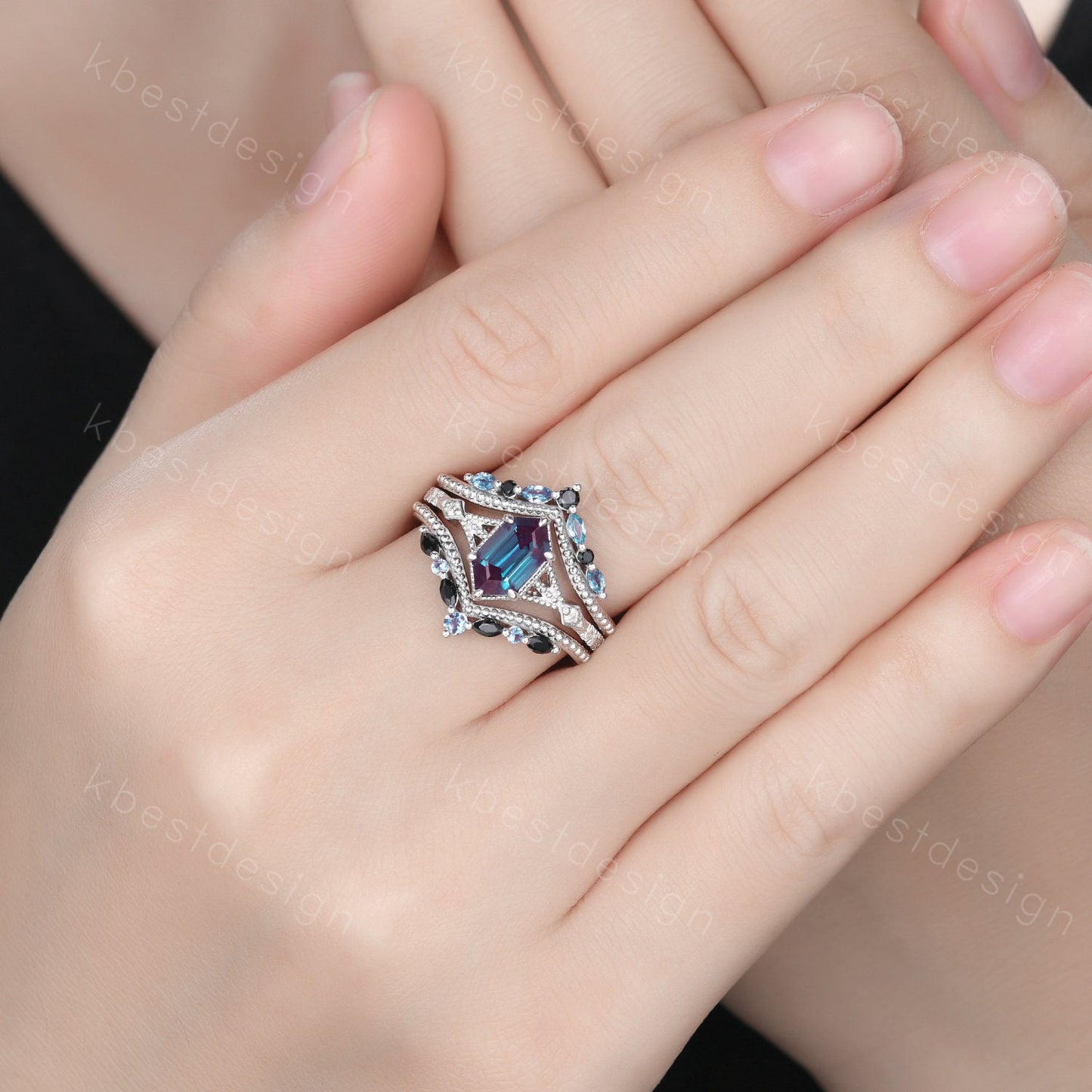 Vintage Alexandrite engagement ring Set Unique art deco milgrain engagement ring Double curved Black Spinel wedding band Promise Ring set