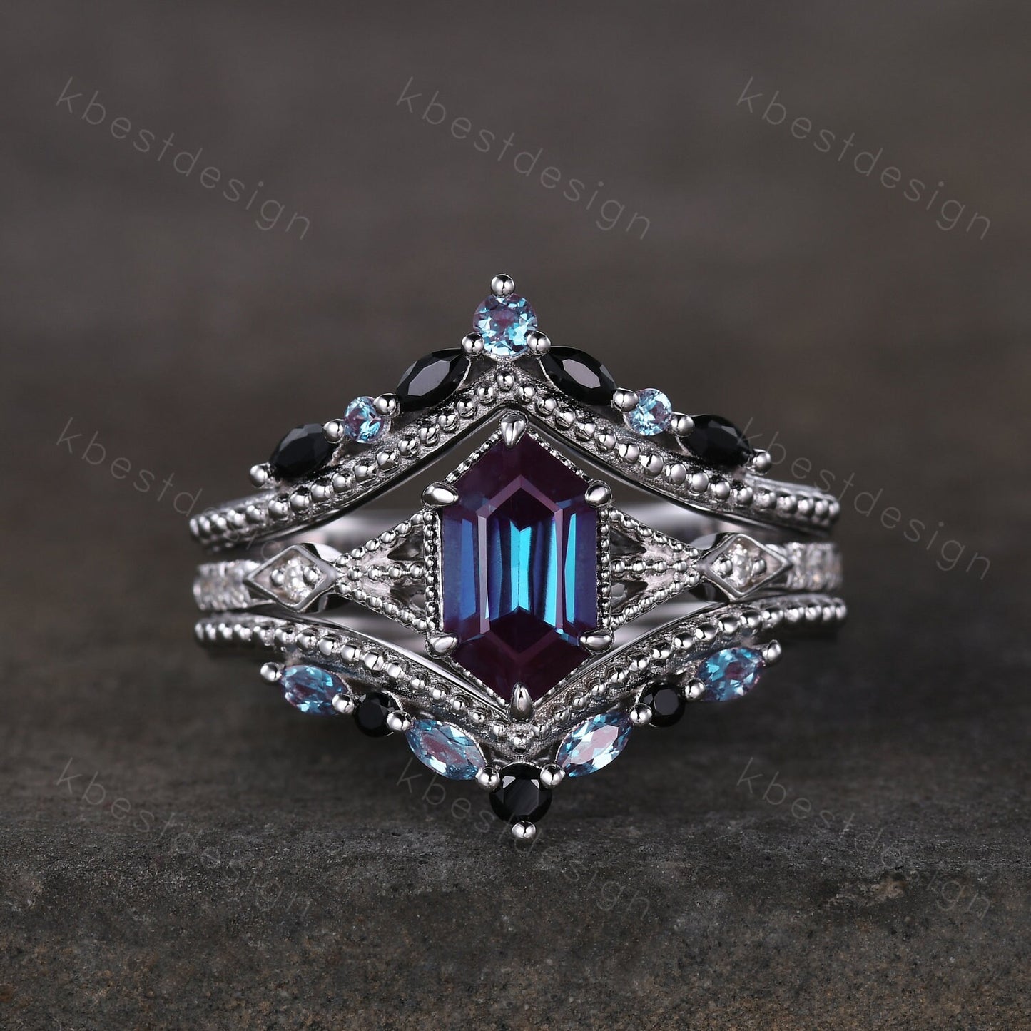 Vintage Alexandrite engagement ring Set Unique art deco milgrain engagement ring Double curved Black Spinel wedding band Promise Ring set
