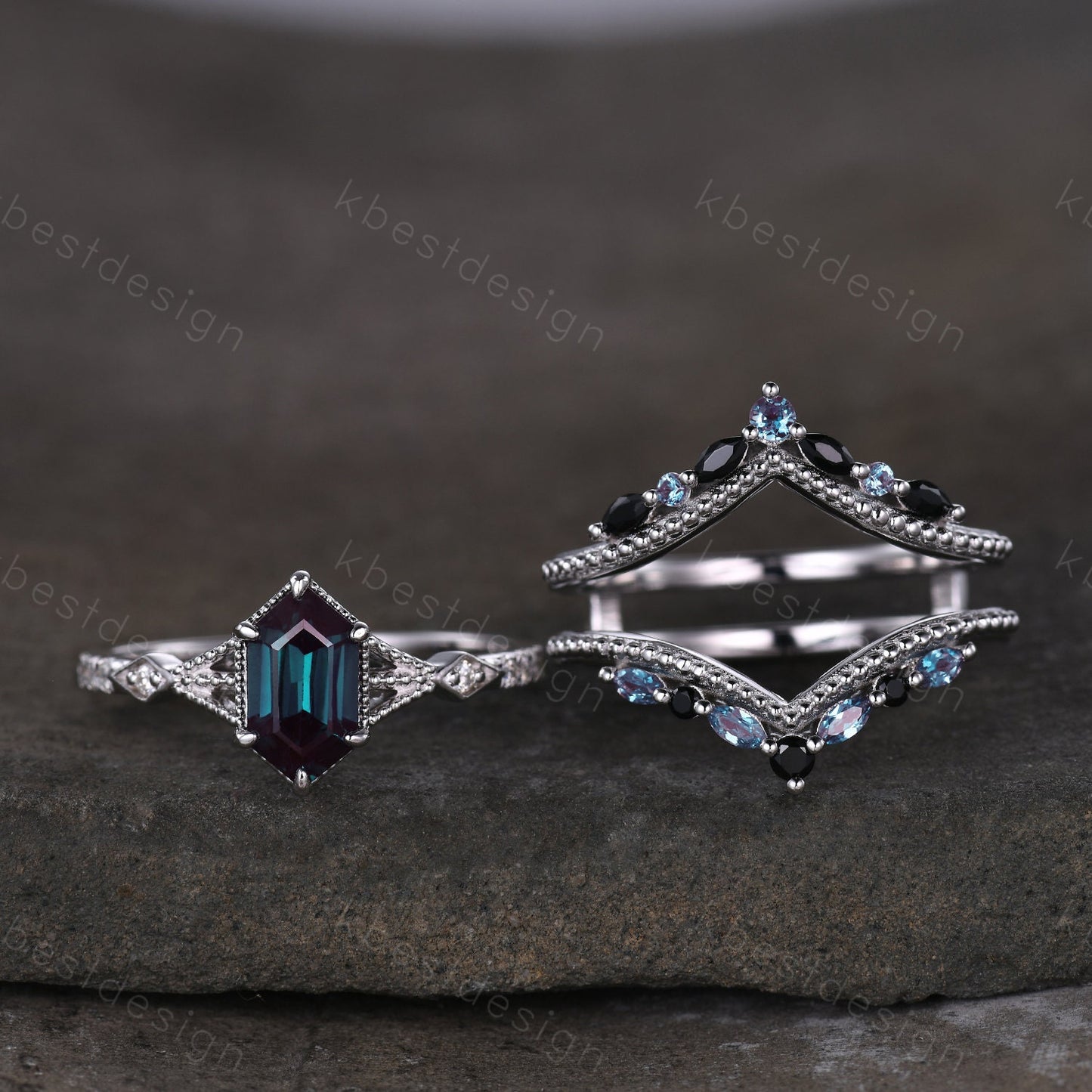 Vintage Alexandrite engagement ring Set Unique art deco milgrain engagement ring Double curved Black Spinel wedding band Promise Ring set