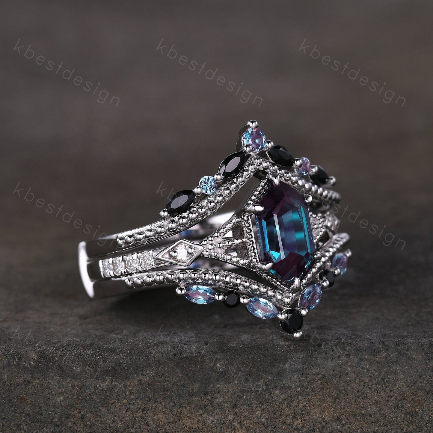 Vintage Alexandrite engagement ring Set Unique art deco milgrain engagement ring Double curved Black Spinel wedding band Promise Ring set