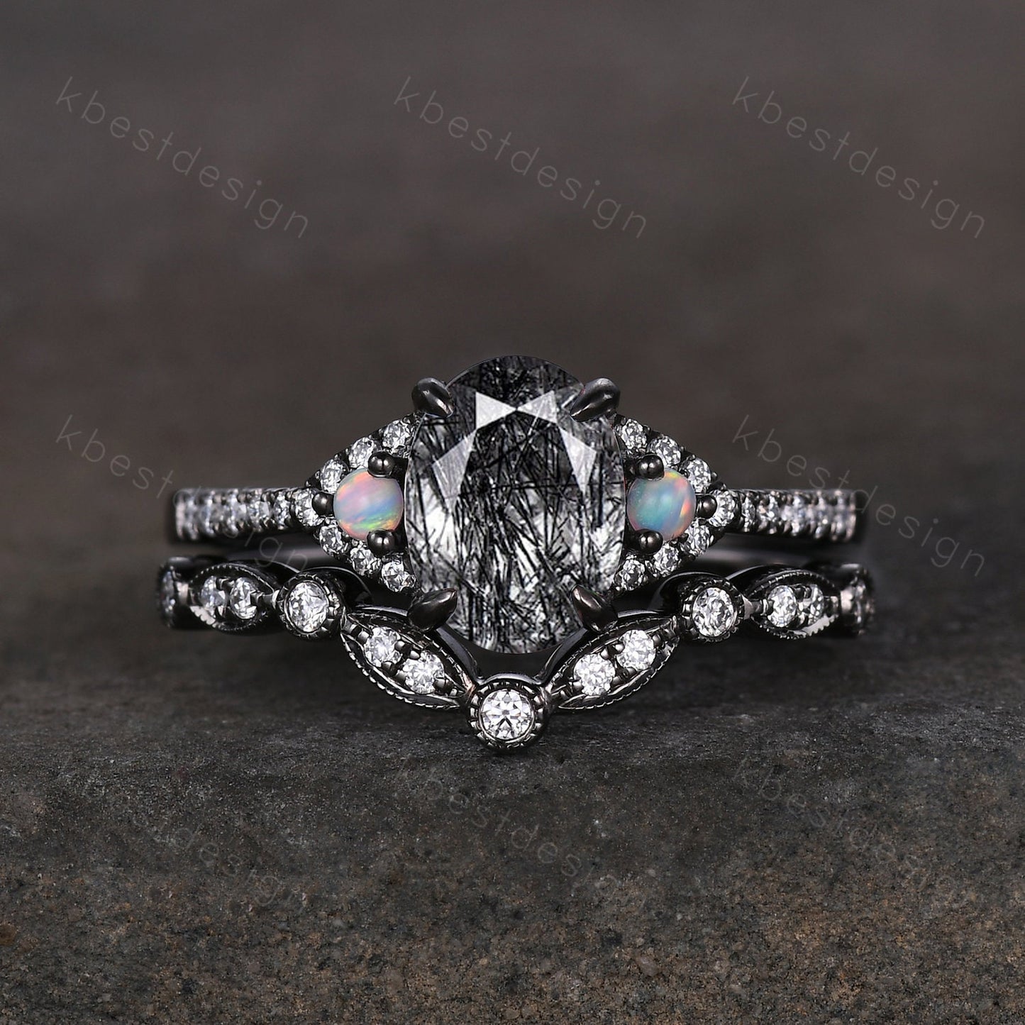 Oval cut Black Rutilated Quartz Engagement Ring Set Vintage Rhodium Black Gold Ring Art Deco Curved Stacking Band Unique Moissanite Ring Set