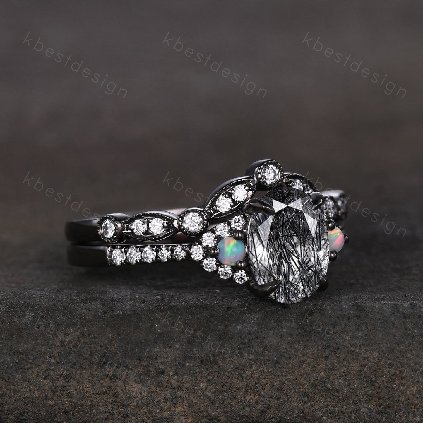 Oval cut Black Rutilated Quartz Engagement Ring Set Vintage Rhodium Black Gold Ring Art Deco Curved Stacking Band Unique Moissanite Ring Set