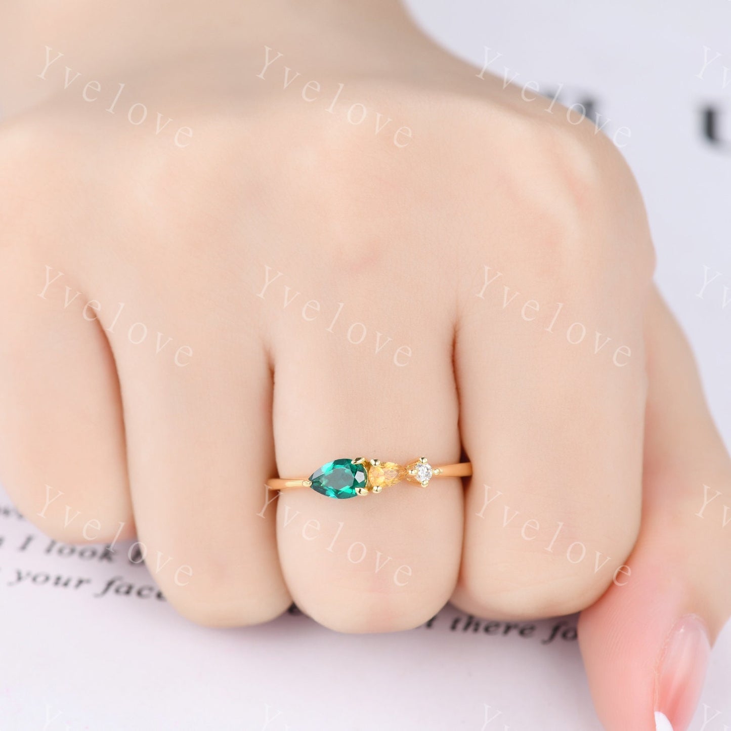 Vintage Emerald Citrine Engagement Ring,Pear Cut Gems,Art Deco Diamond Wedding Band,3 Stone Unique Women Bridal Promise Ring,Customized Gift