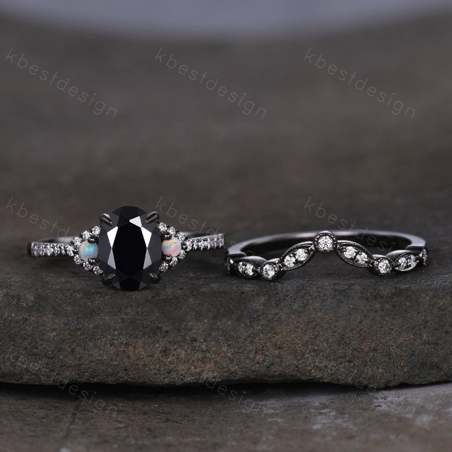 Vintage oval cut black onyx engagement ring unique rhodium black gold moissanite wedding ring set art deco bridal promise ring