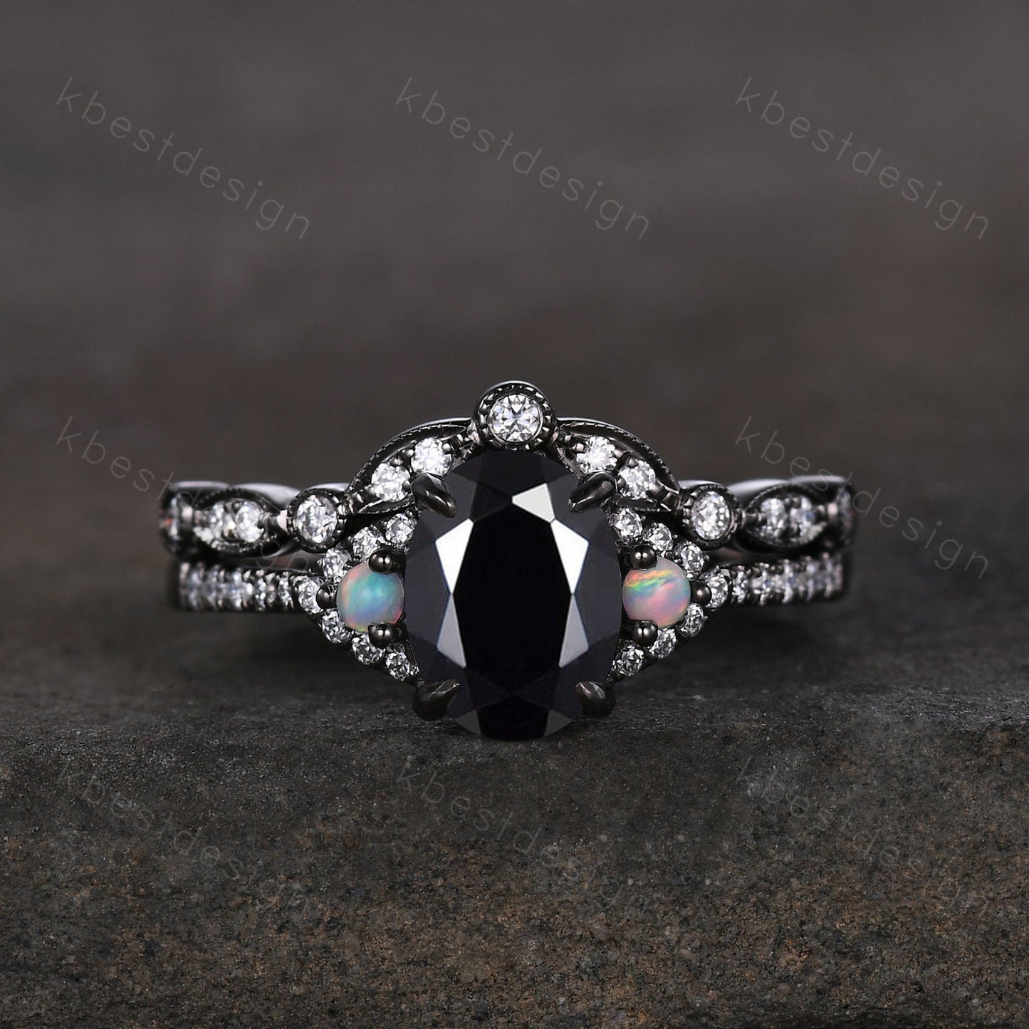 Vintage oval cut black onyx engagement ring unique rhodium black gold moissanite wedding ring set art deco bridal promise ring