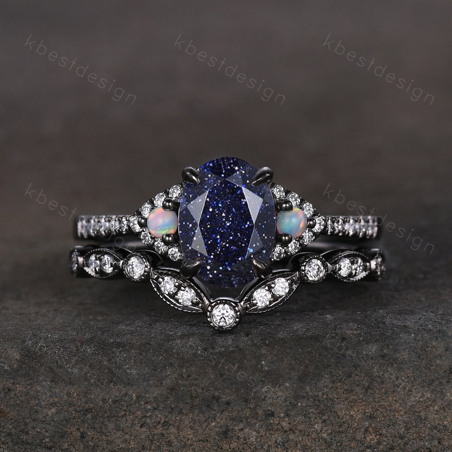 Vintage Blue Sandstone Engagement Ring set Unique Black Gold Oval cut Bridal set Art deco wedding band moissanite promise anniversary rings