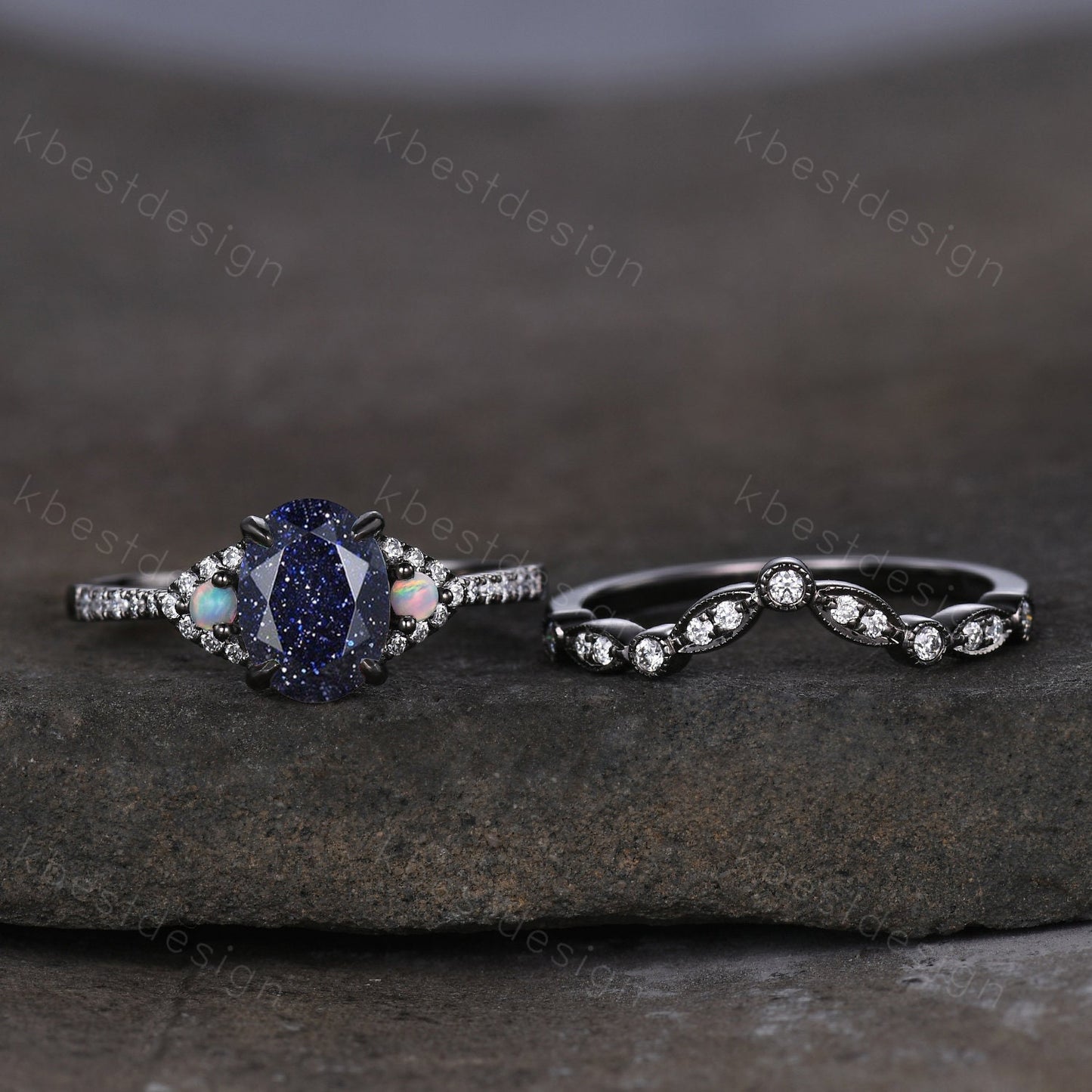 Vintage Blue Sandstone Engagement Ring set Unique Black Gold Oval cut Bridal set Art deco wedding band moissanite promise anniversary rings