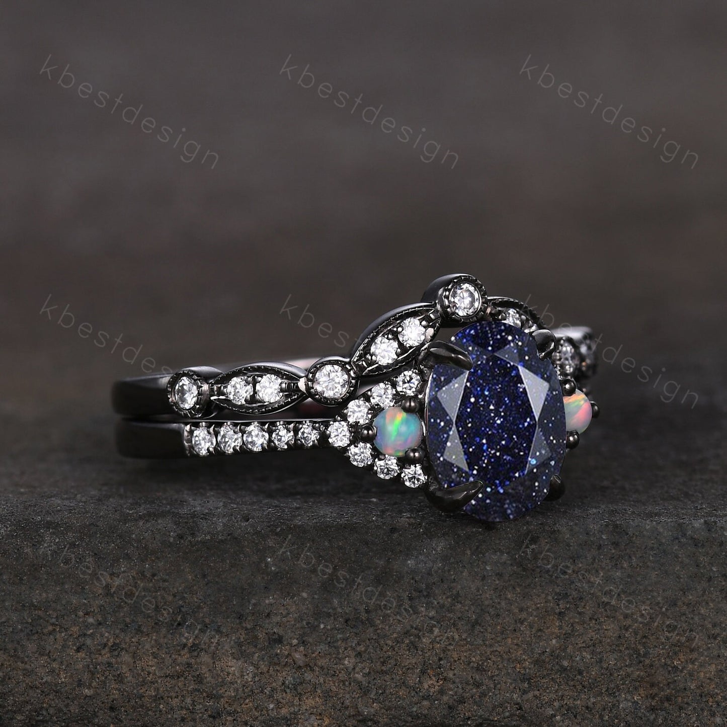 Vintage Blue Sandstone Engagement Ring set Unique Black Gold Oval cut Bridal set Art deco wedding band moissanite promise anniversary rings