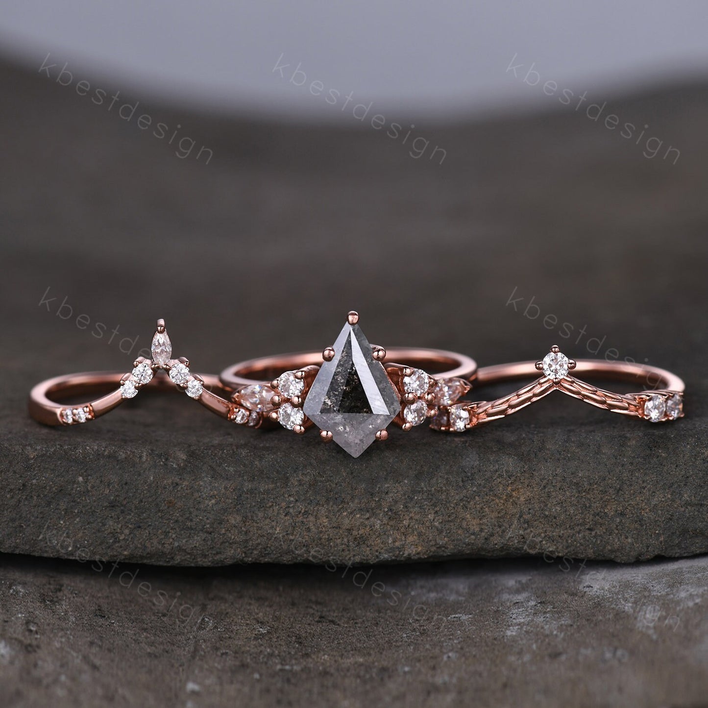 Vintage salt and pepper diamond engagement ring rose gold rings art deco curved moissanite stacking band hexagon shaped bridal wedding set