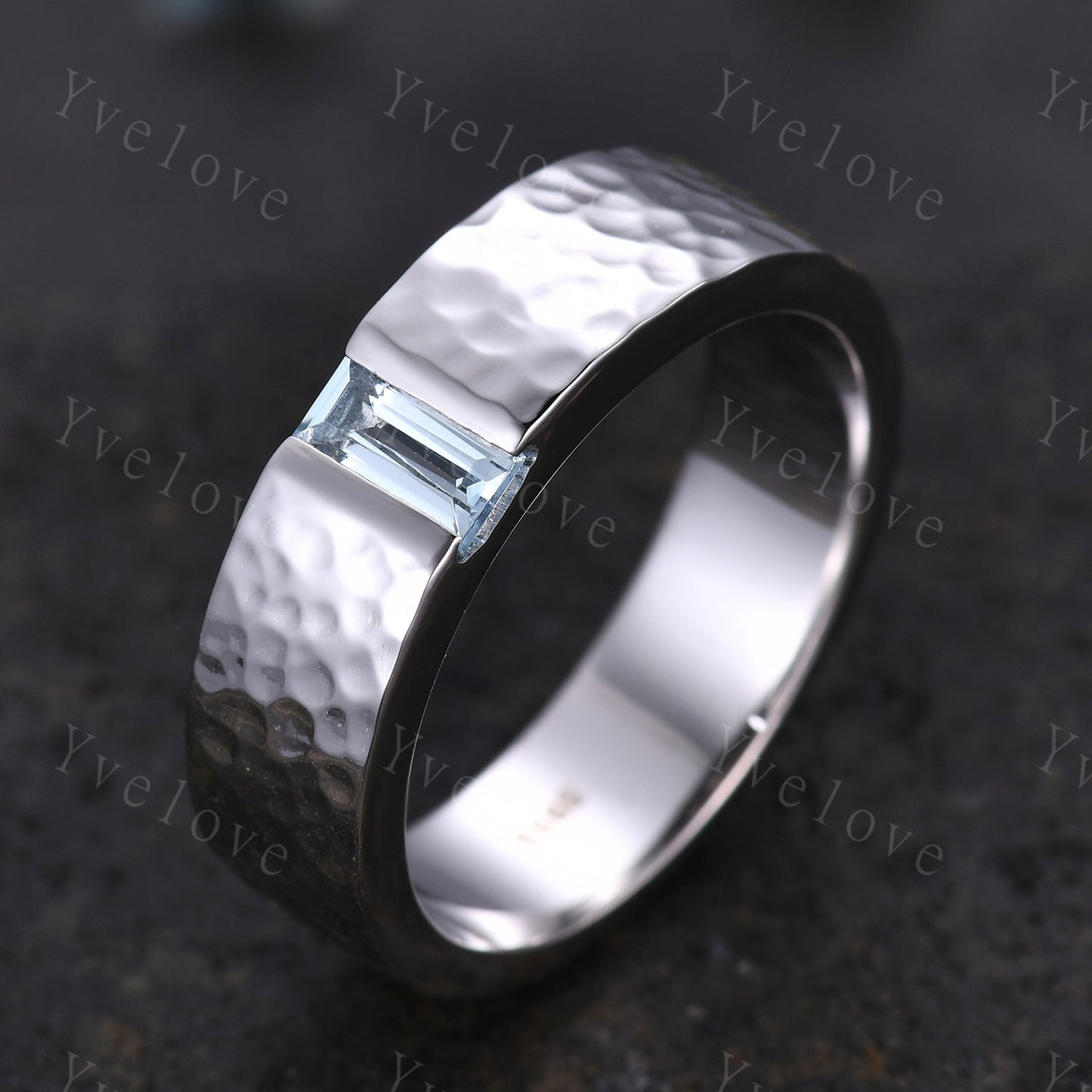 6mm Mens Blue Aquamarine Wedding Band Baguette Shaped Band Solid Gold Ring Mens Hammered Stacking Matching Band Retro Vintage Ring Gift