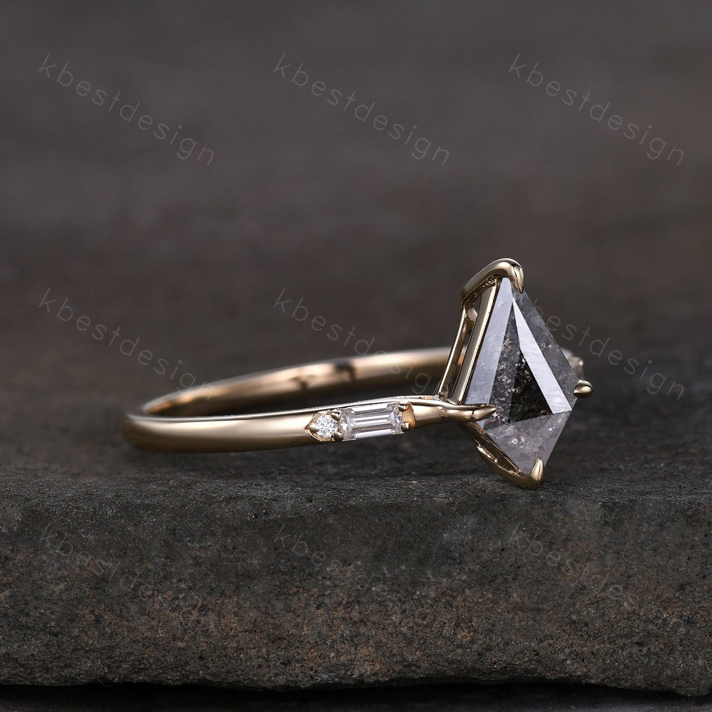 Kite cut Salt and Pepper Diamond Engagement Ring Unique 14K Yellow Gold Ring Baguette cut Moissanite Wedding Ring Prong set Bridal Ring
