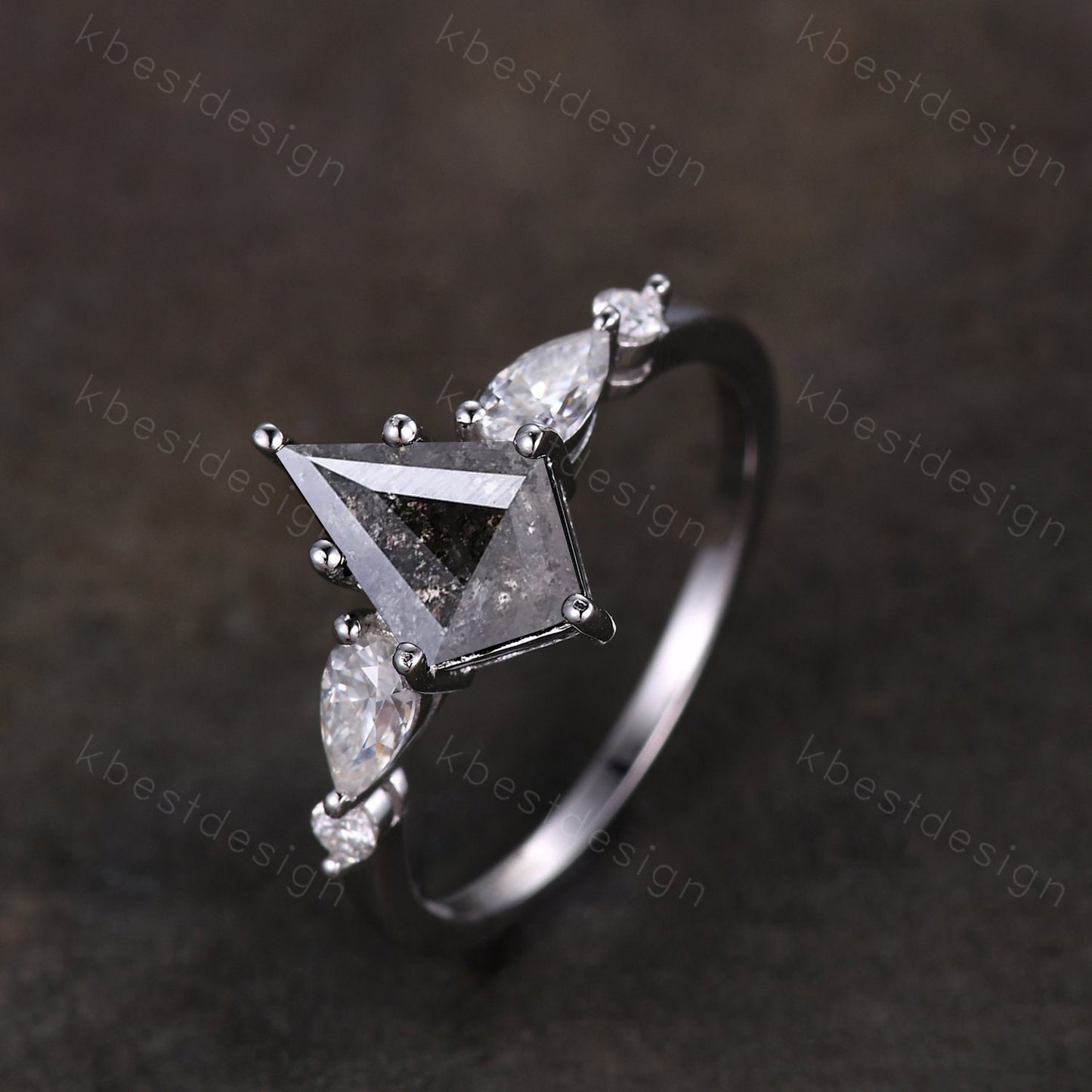 Kite cut salt and pepper diamond engagement ring unique pear moissanite wedding ring 14k white gold five stone ring vintage promise ring
