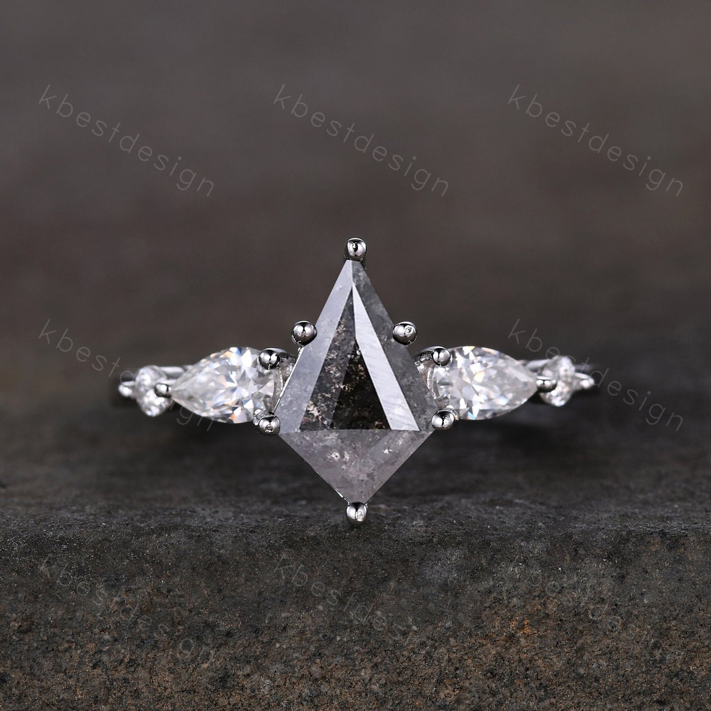 Kite cut salt and pepper diamond engagement ring unique pear moissanite wedding ring 14k white gold five stone ring vintage promise ring