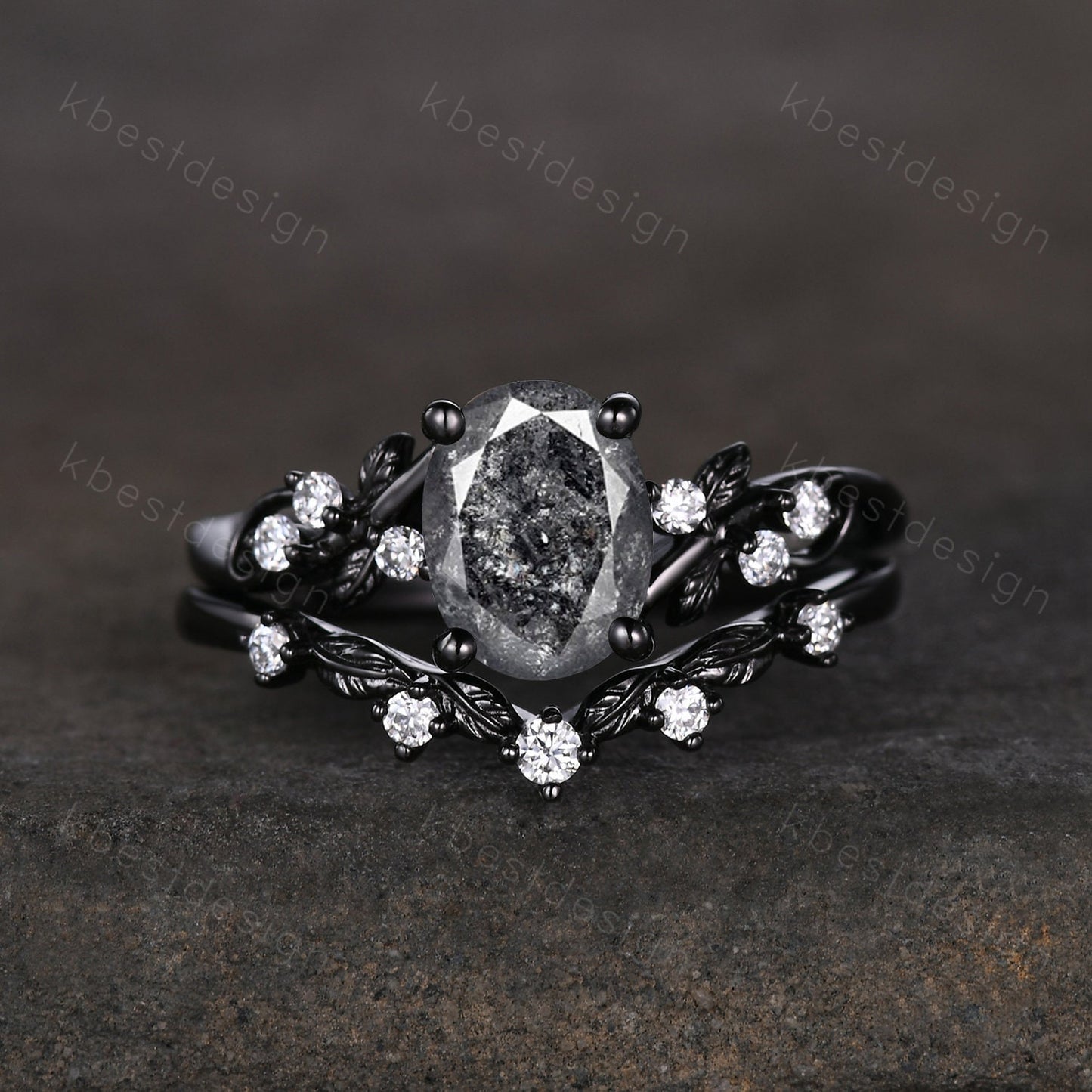 Vintage oval salt and pepper diamond engagement ring set black gold twig leaf moissanite branch ring unique art deco bridal wedding ring set