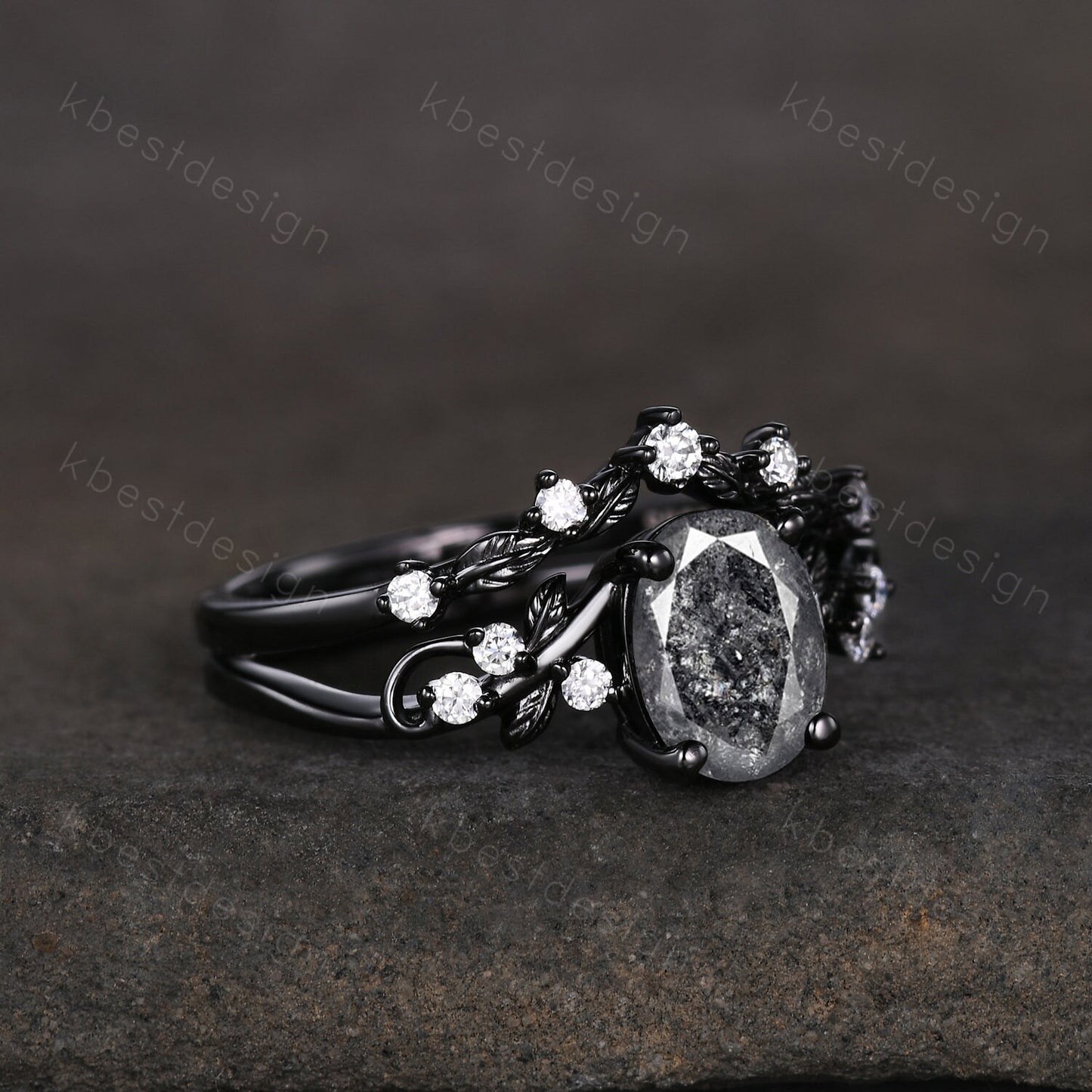 Vintage oval salt and pepper diamond engagement ring set black gold twig leaf moissanite branch ring unique art deco bridal wedding ring set