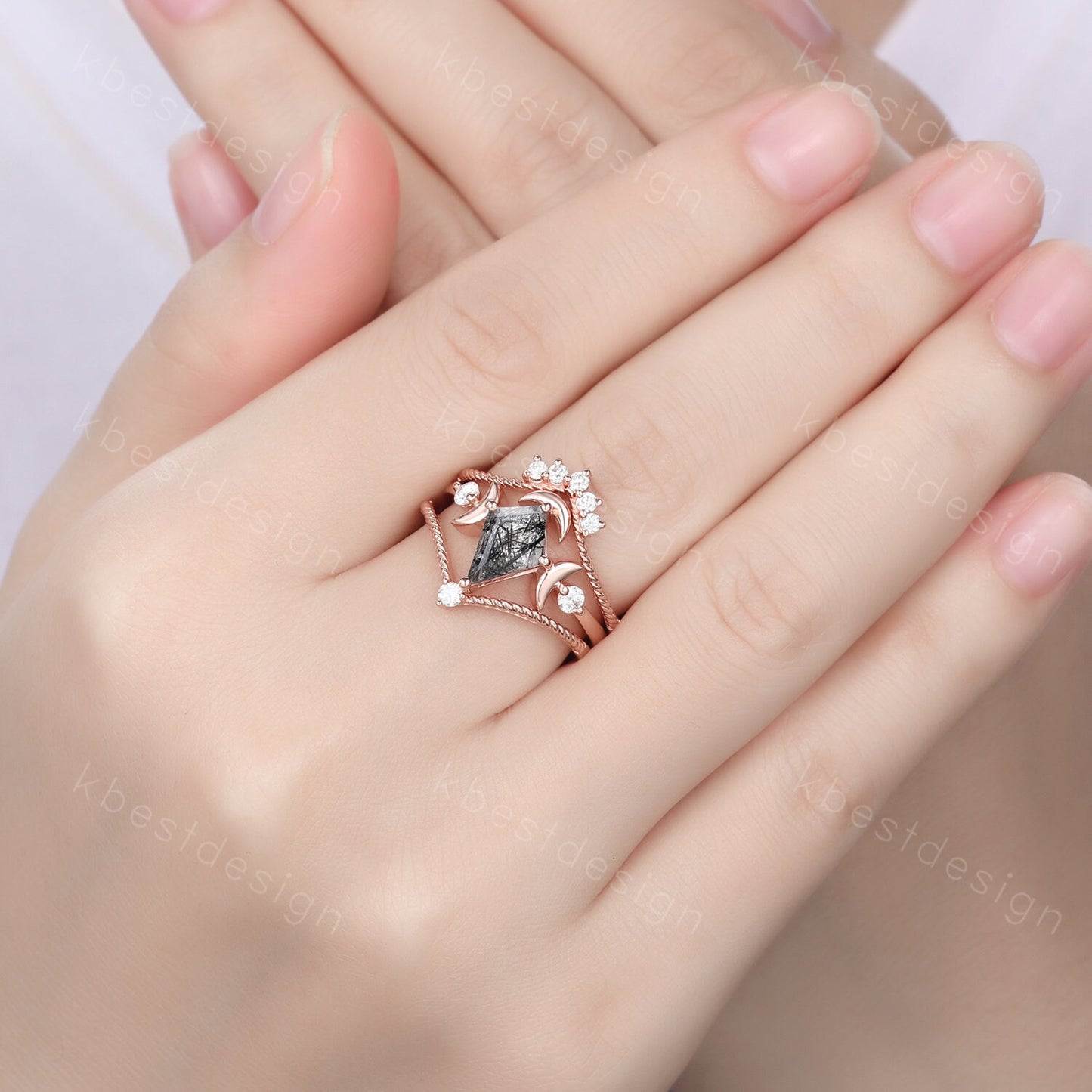 3PCS black rutilated quartz engagement ring set unique moon goddess ring art deco curved mopissanite stacking bridal promise wedding set