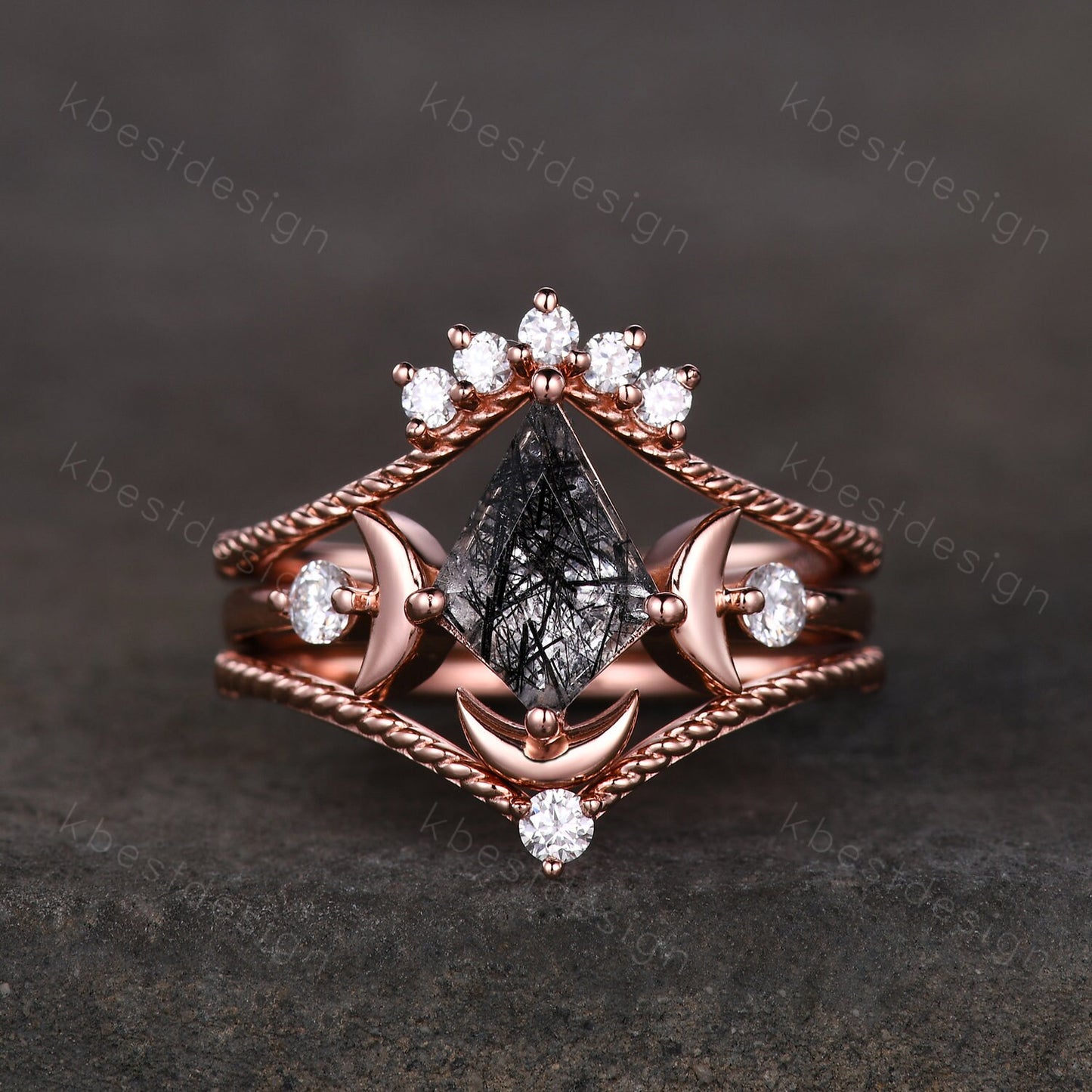 3PCS black rutilated quartz engagement ring set unique moon goddess ring art deco curved mopissanite stacking bridal promise wedding set