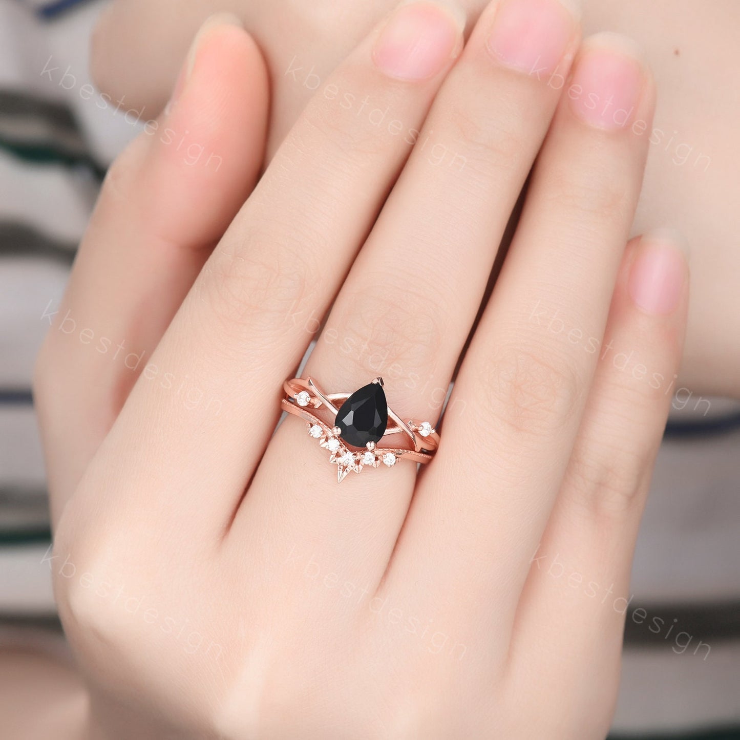 Twig black onyx engagement ring set rose gold ring art deco curved stacking band pear shaped bridal set unique moissanite wedding ring set