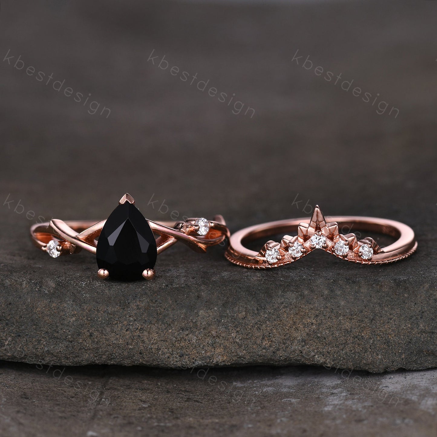 Twig black onyx engagement ring set rose gold ring art deco curved stacking band pear shaped bridal set unique moissanite wedding ring set