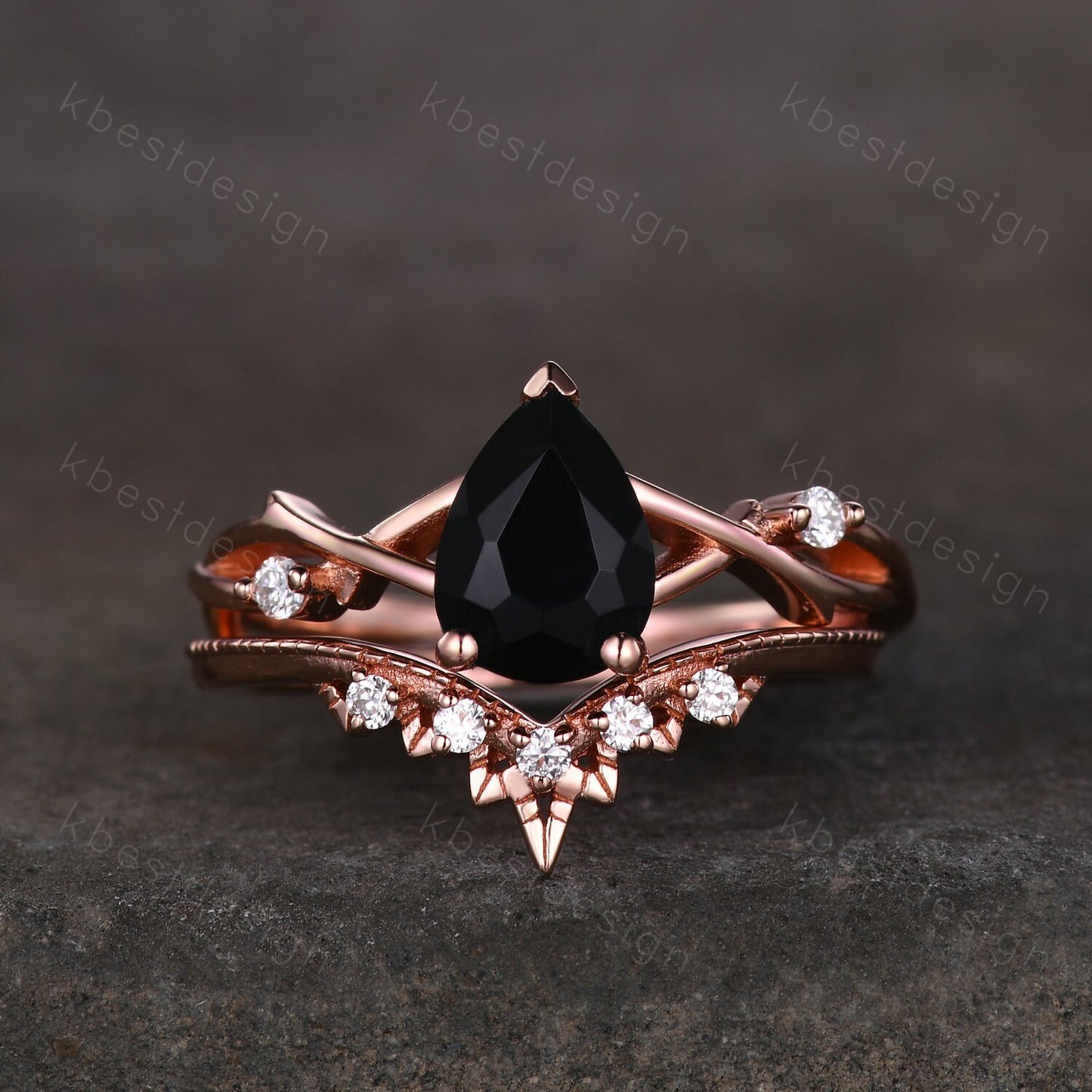 Twig black onyx engagement ring set rose gold ring art deco curved stacking band pear shaped bridal set unique moissanite wedding ring set