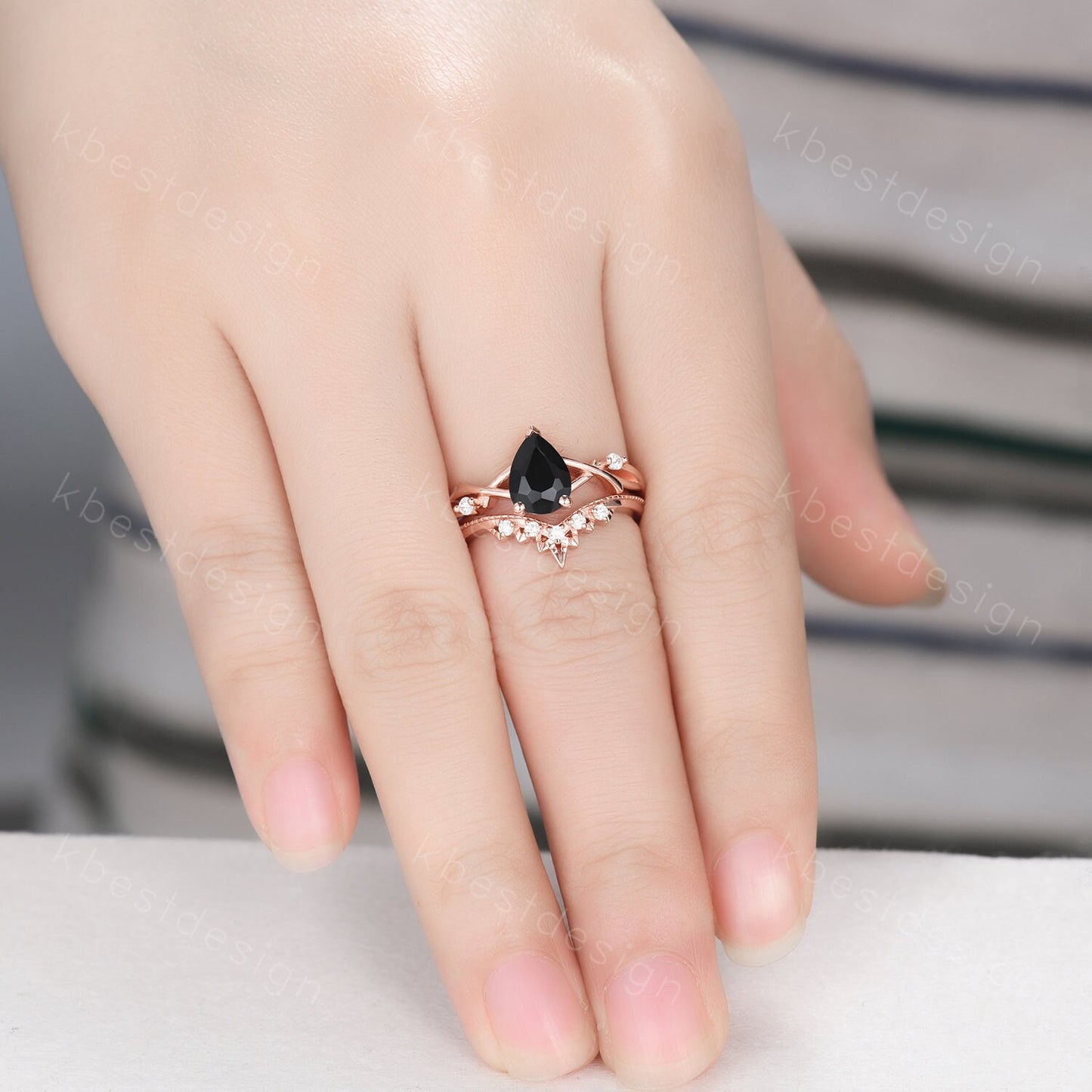 Twig black onyx engagement ring set rose gold ring art deco curved stacking band pear shaped bridal set unique moissanite wedding ring set