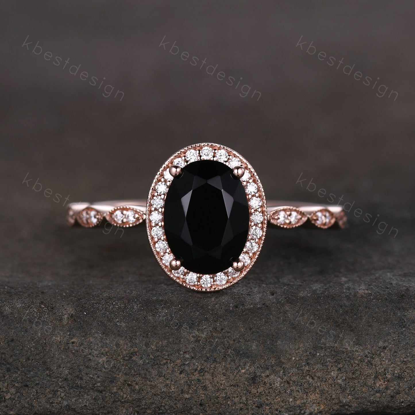 Oval cut black onyx engagement ring rose gold ring unique art deco halo engagement ring half eternity moissanite wedding ring promise ring