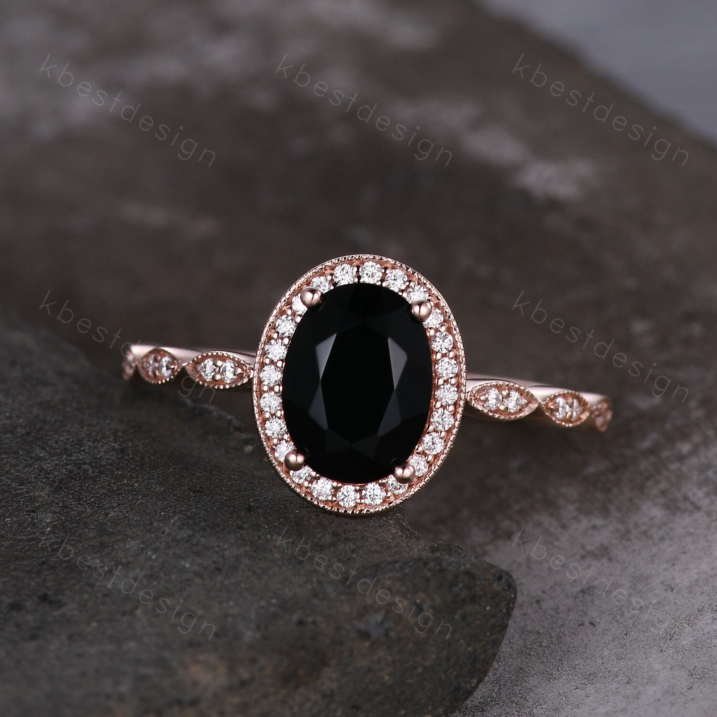 Oval cut black onyx engagement ring rose gold ring unique art deco halo engagement ring half eternity moissanite wedding ring promise ring